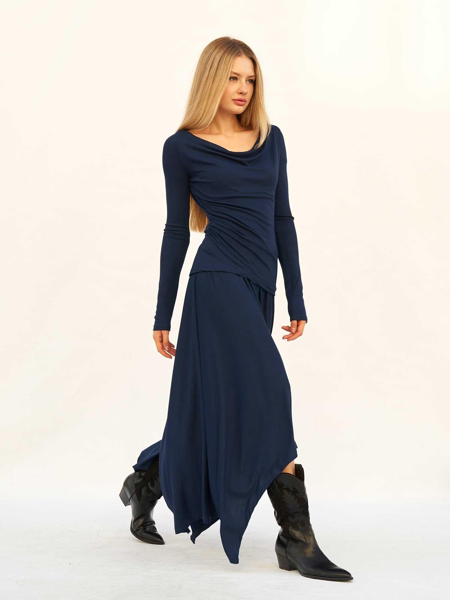 Navy Blue Cowl Neck Top and Asymmetric Midi Skirt Knit Set - Lefon - by Peralane - photo 2