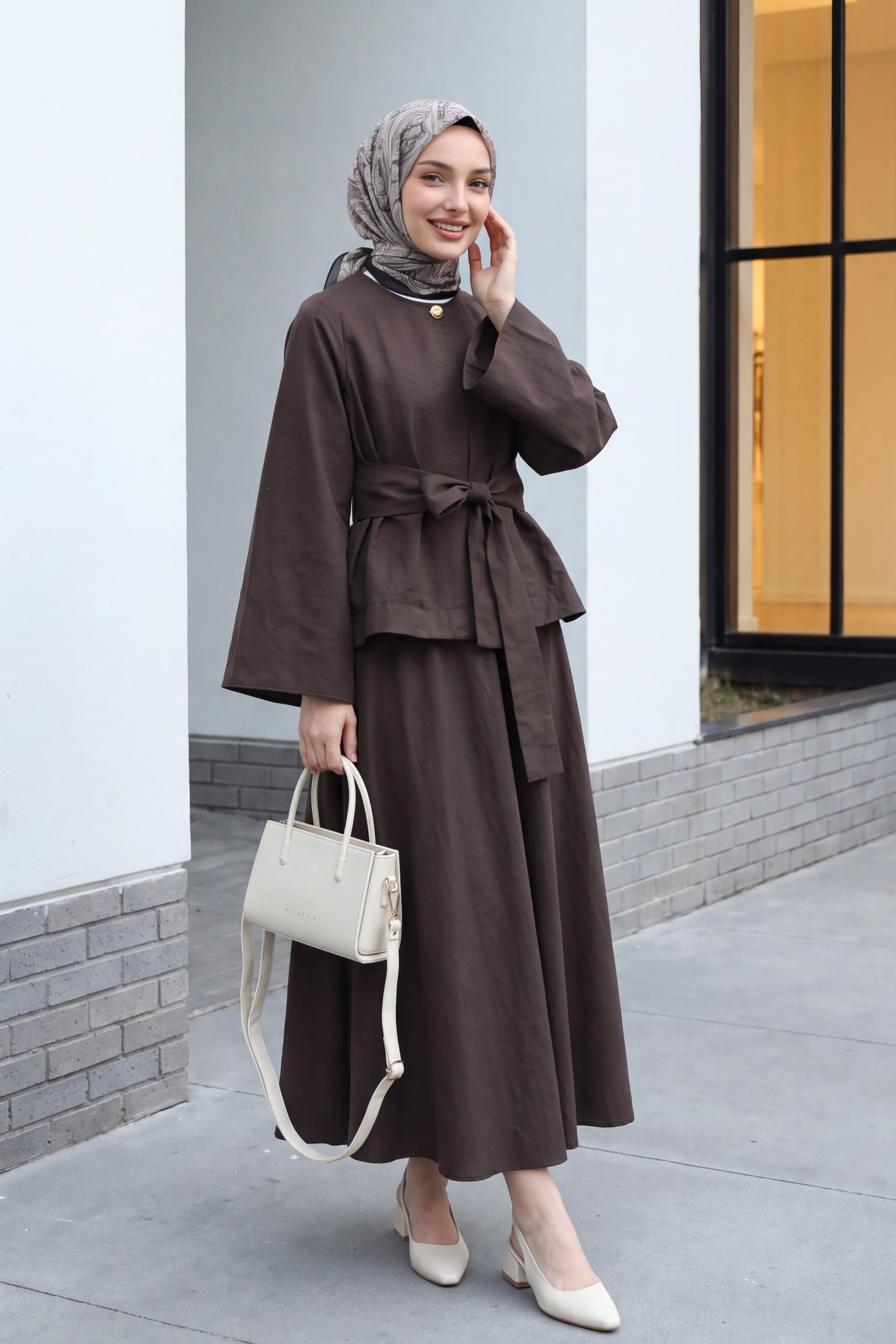 Single Button Belted Skirted Two-Piece Set - Brown - Podyumplus - by Peralane