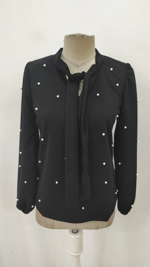 Women's Long-Sleeve Crepe Blouse with Bow and Pearl Beads - Janes - by Peralane - photo 6