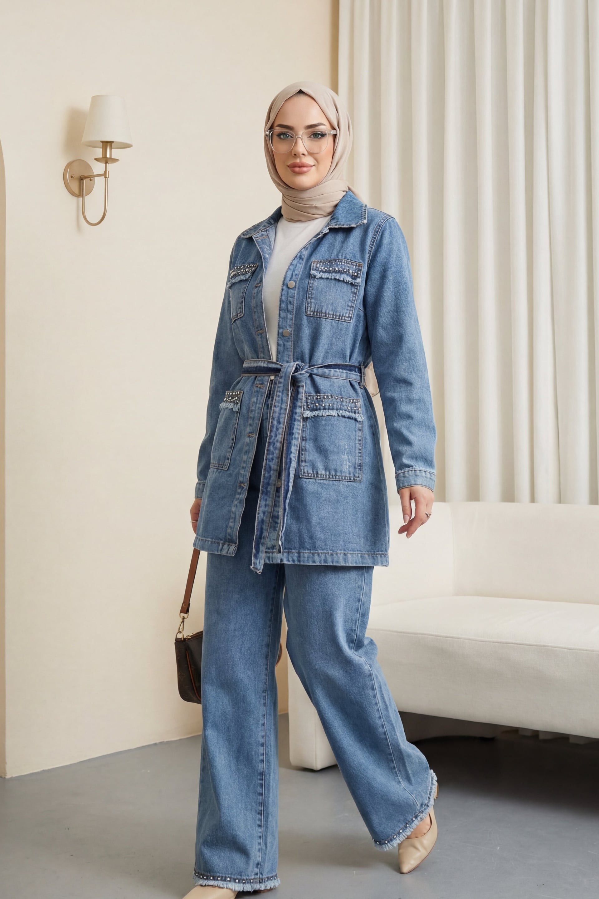 Stone Detail Denim Jacket and Trousers Co-ord Set - Ice Blue - Podyumplus - by Peralane - photo 4