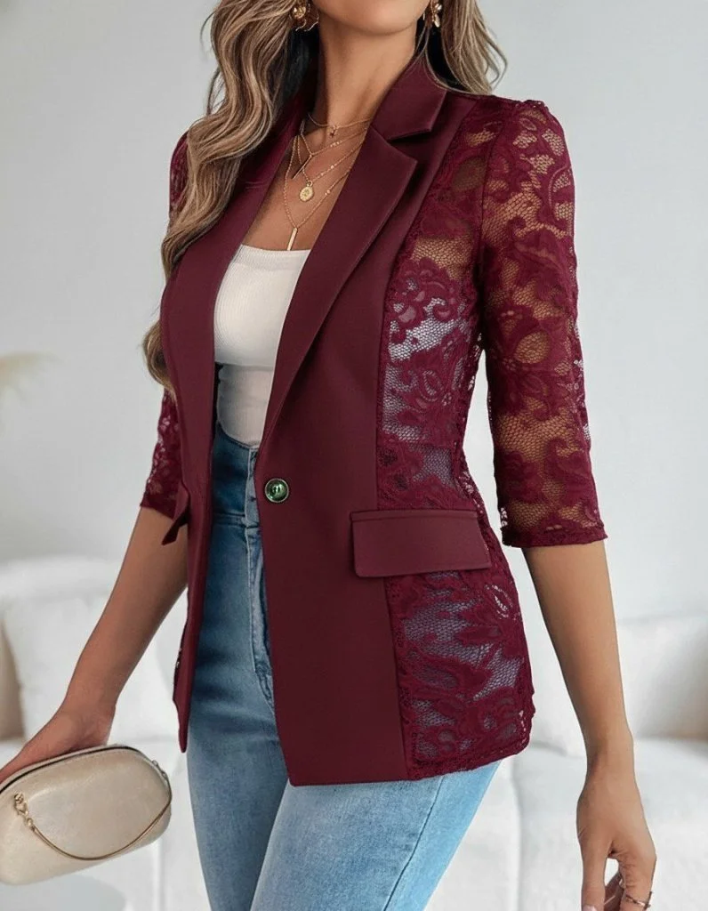Women's Burgundy Satin Blazer with Lace Panels and Three-Quarter Sleeves - Janes - by Peralane - photo 2