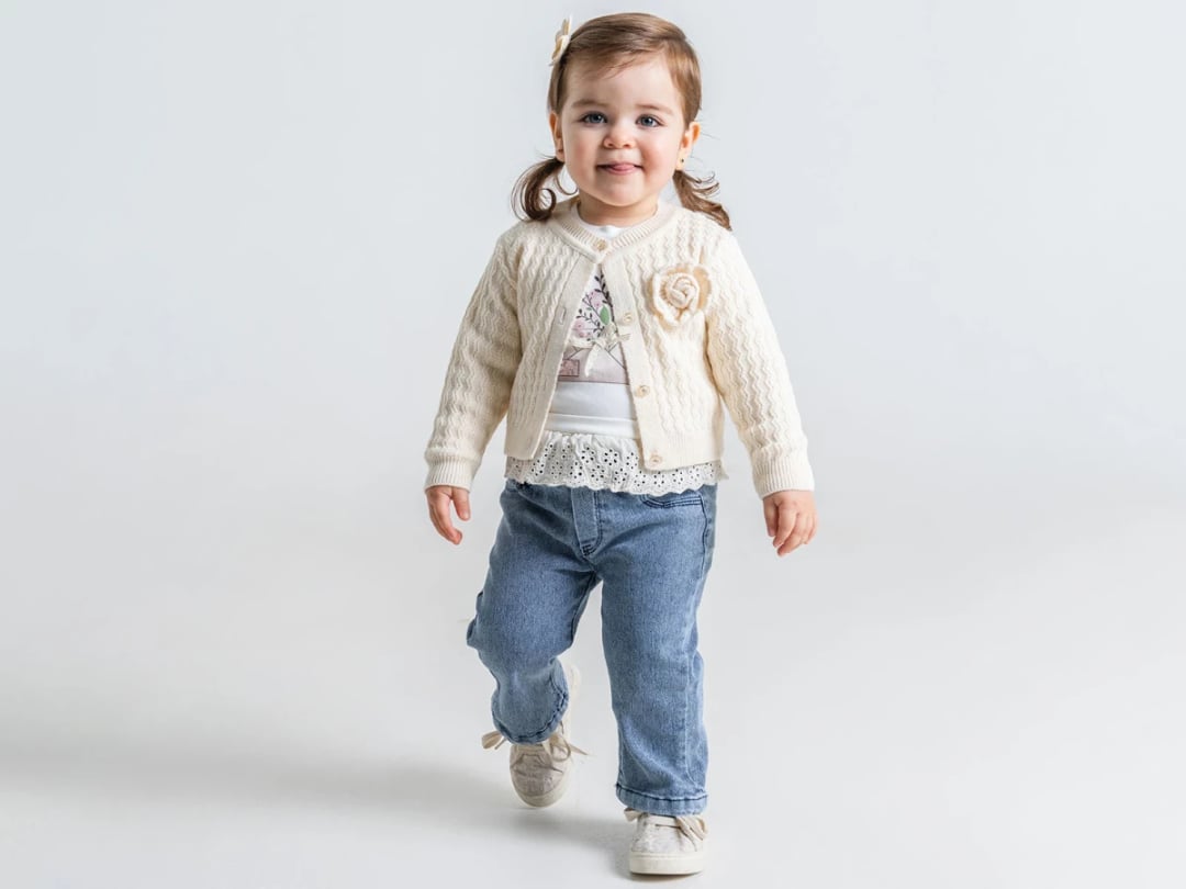 Lace Detail Knit Jacket Girl's Baby Set with Stone - White - Pampal Kids - by Peralane