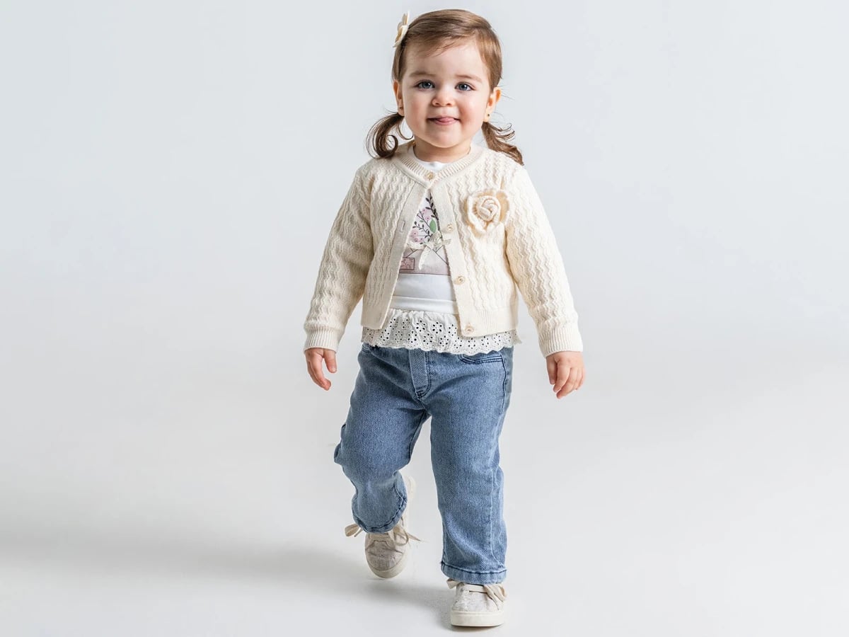 Baby Girl Luxe Knit Cardigan Set with Floral T-Shirt and Denim Trousers - Pampal Kids - by Peralane