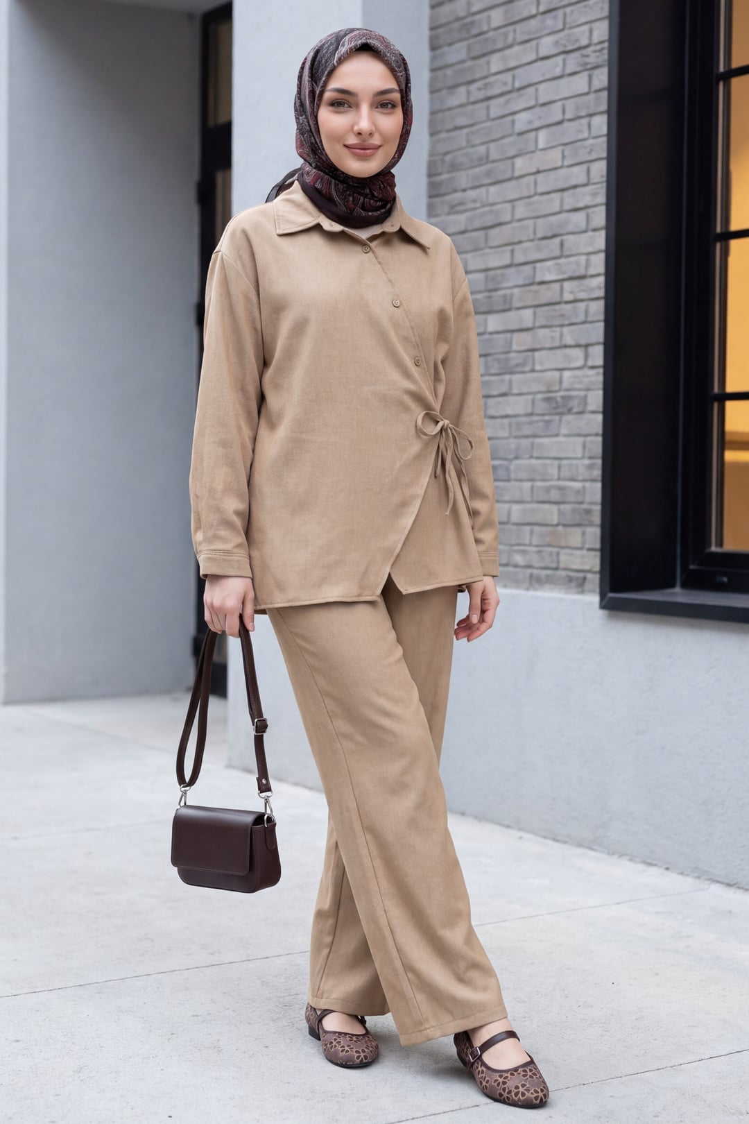 Cross-Button Side-Tie Wool Effect Set - Beige - Podyumplus - by Peralane - photo 3