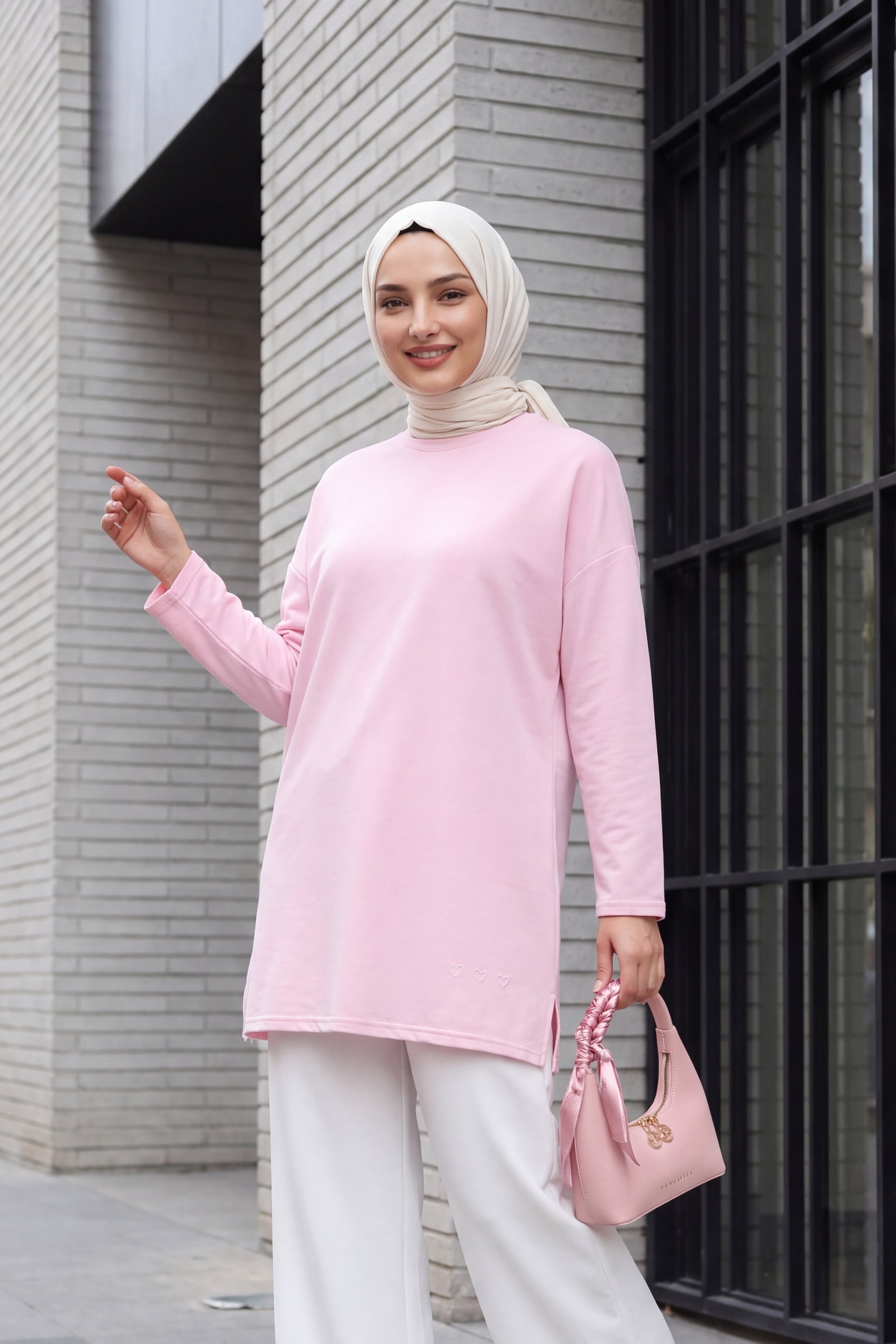 Heart Detail Slit Casual Knit Tunic - Pink - Podyumplus - by Peralane