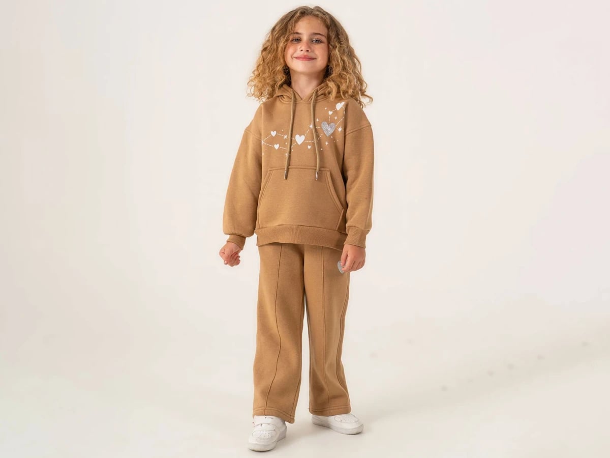 Girls' Hoodie and Pants Set with Heart Print - Camel Brown - Lumii - by Peralane