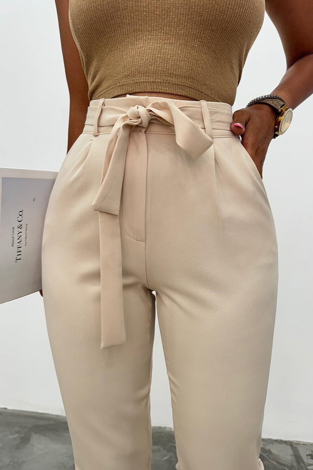 Beige High-Waist Trousers with Self-Tie Belt - Podyumplus - by Peralane - photo 8