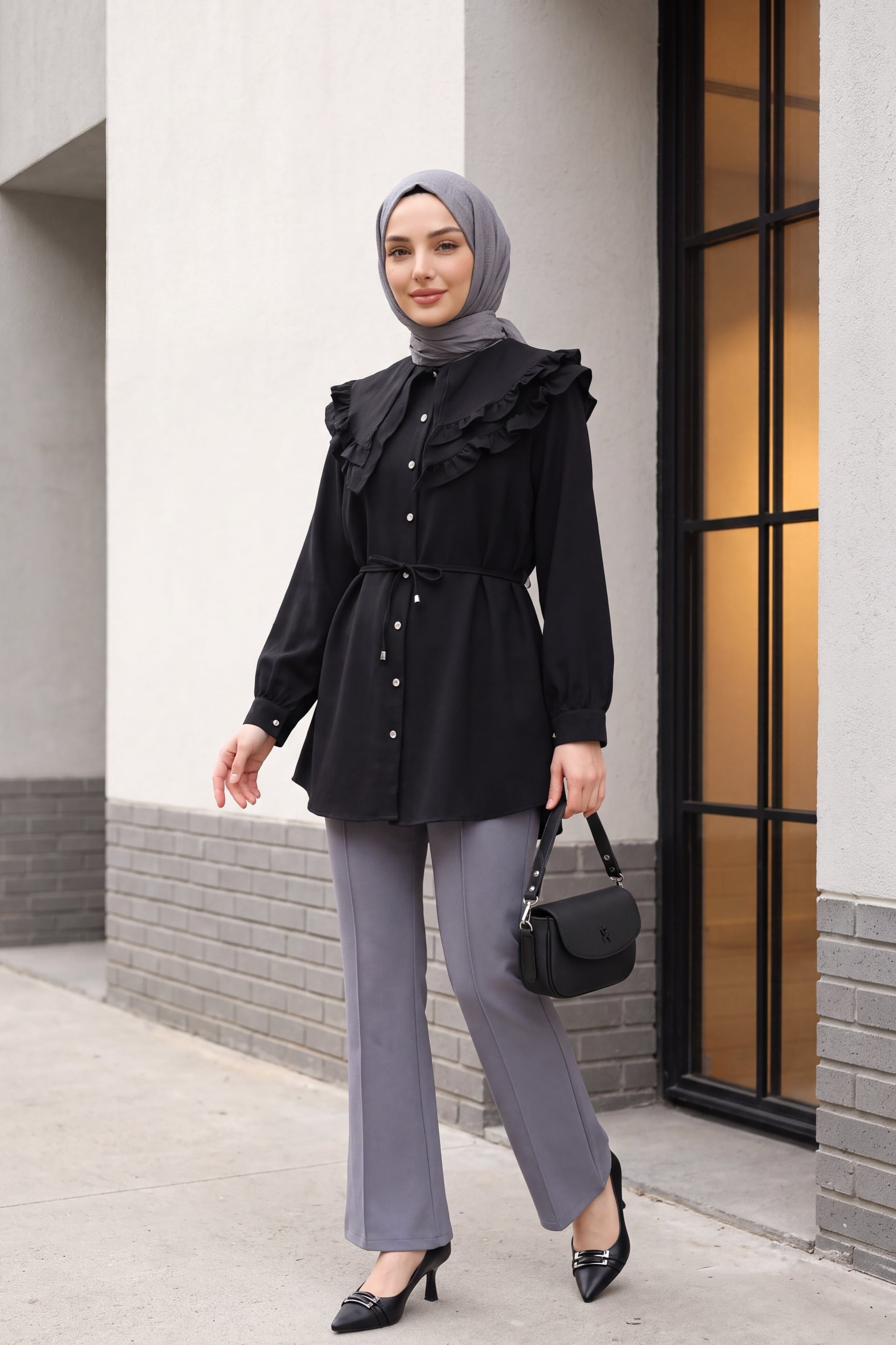 Women's Black Double-Layer Ruffle Collar Buttoned Drawstring Waist Linen-Look Tunic - Podyumplus - by Peralane - photo 3