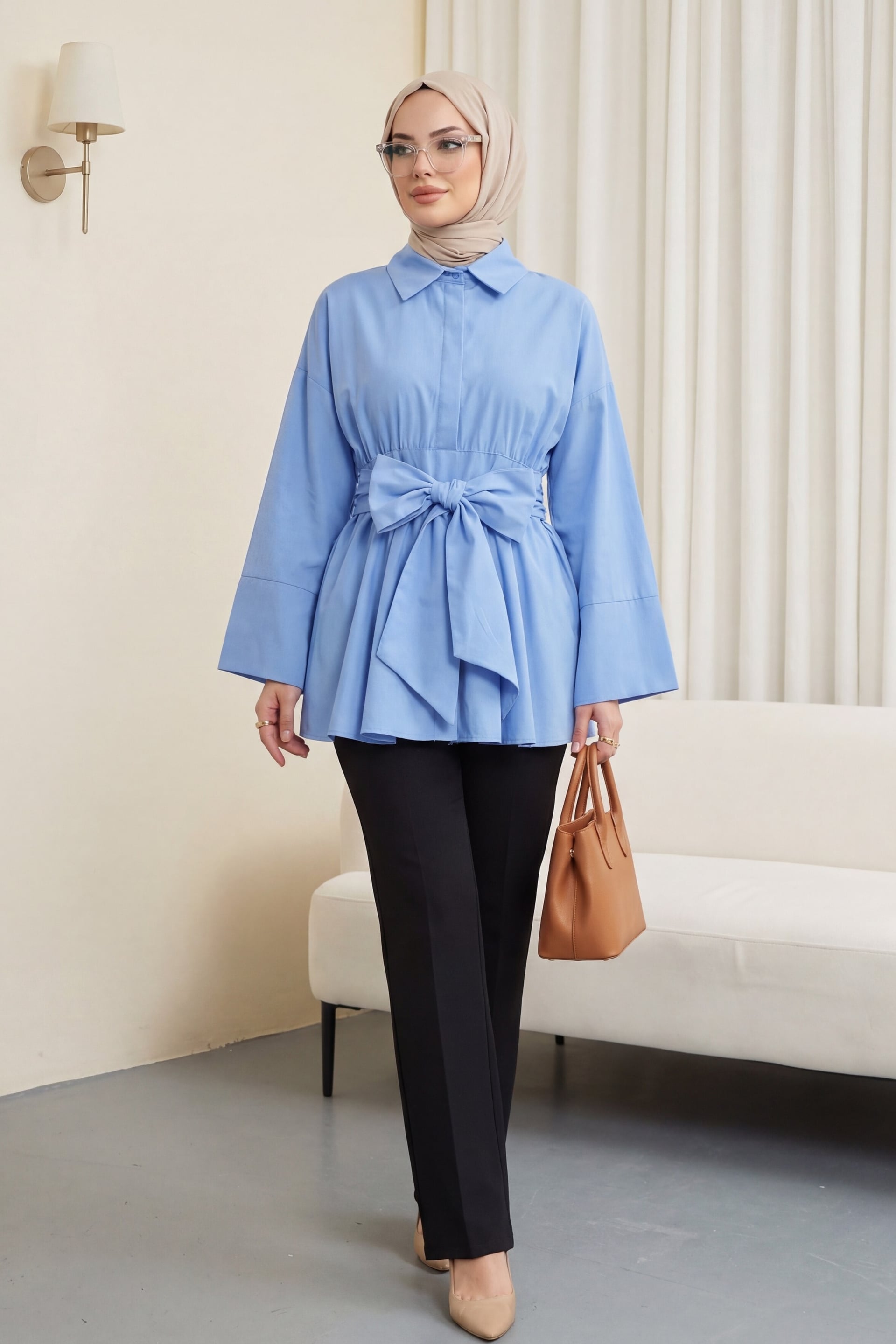 Corseted Waist Hidden Placket Belted Poplin Tunic - Blue - Podyumplus - by Peralane - photo 2