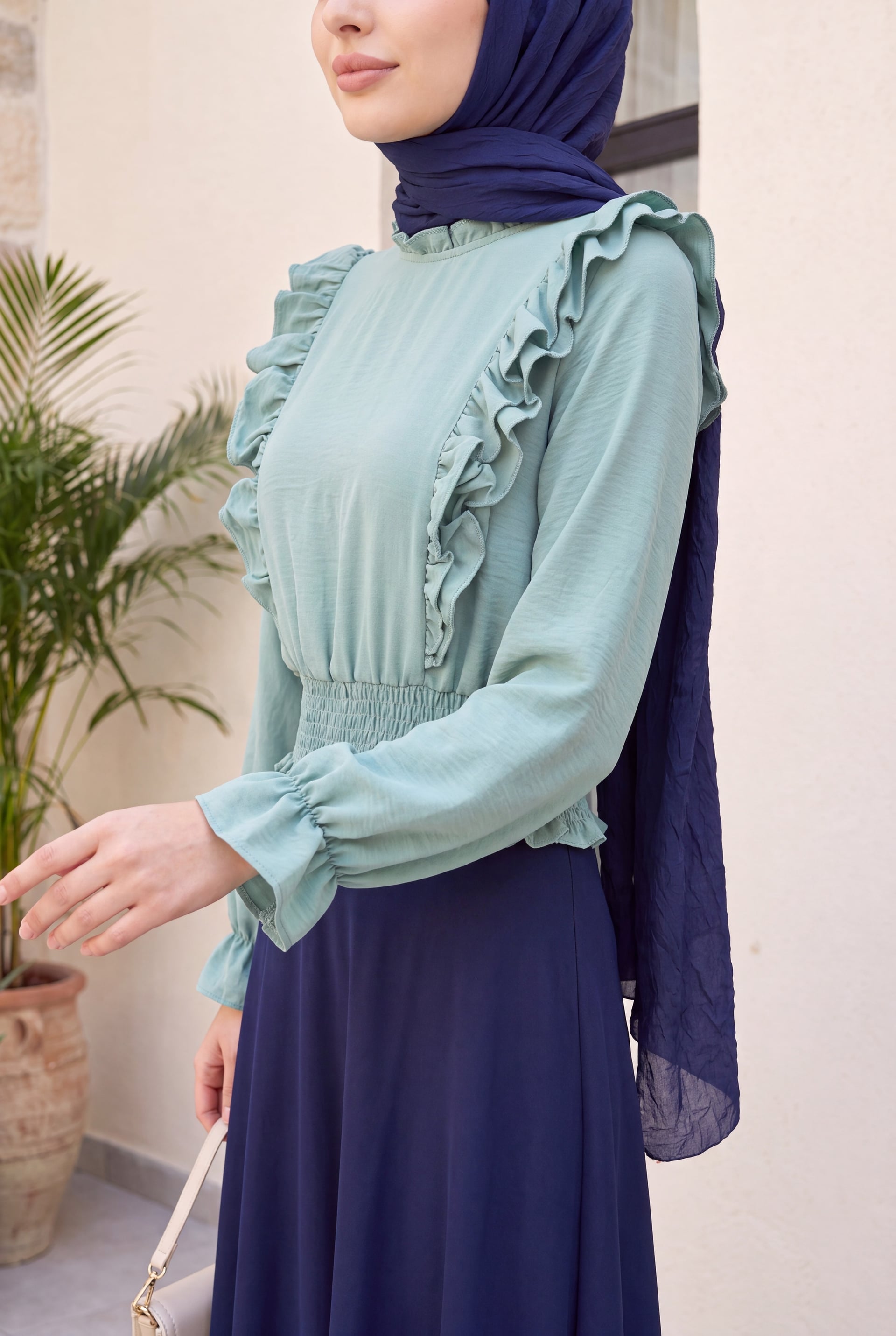 Ruffled Smocked Waist Blouse - Mint - Podyumplus - by Peralane - photo 2