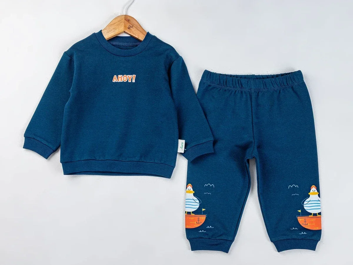 Ahoy! Printed Boys' Baby Sweatshirt and Trousers Set - Navy - Comix - by Peralane