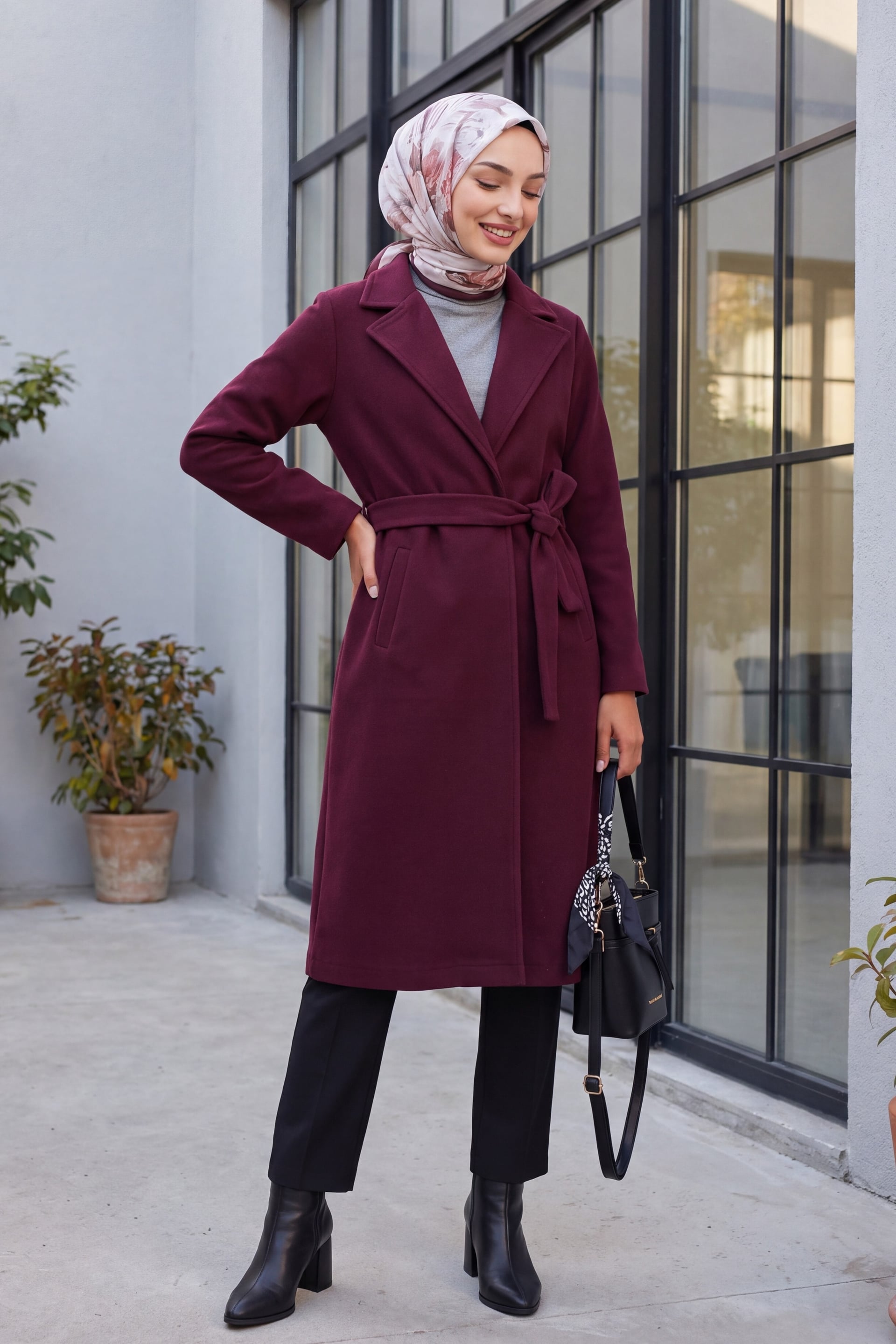 Burgundy Shawl Collar Belted Coat - Bigdart - by Peralane - photo 3