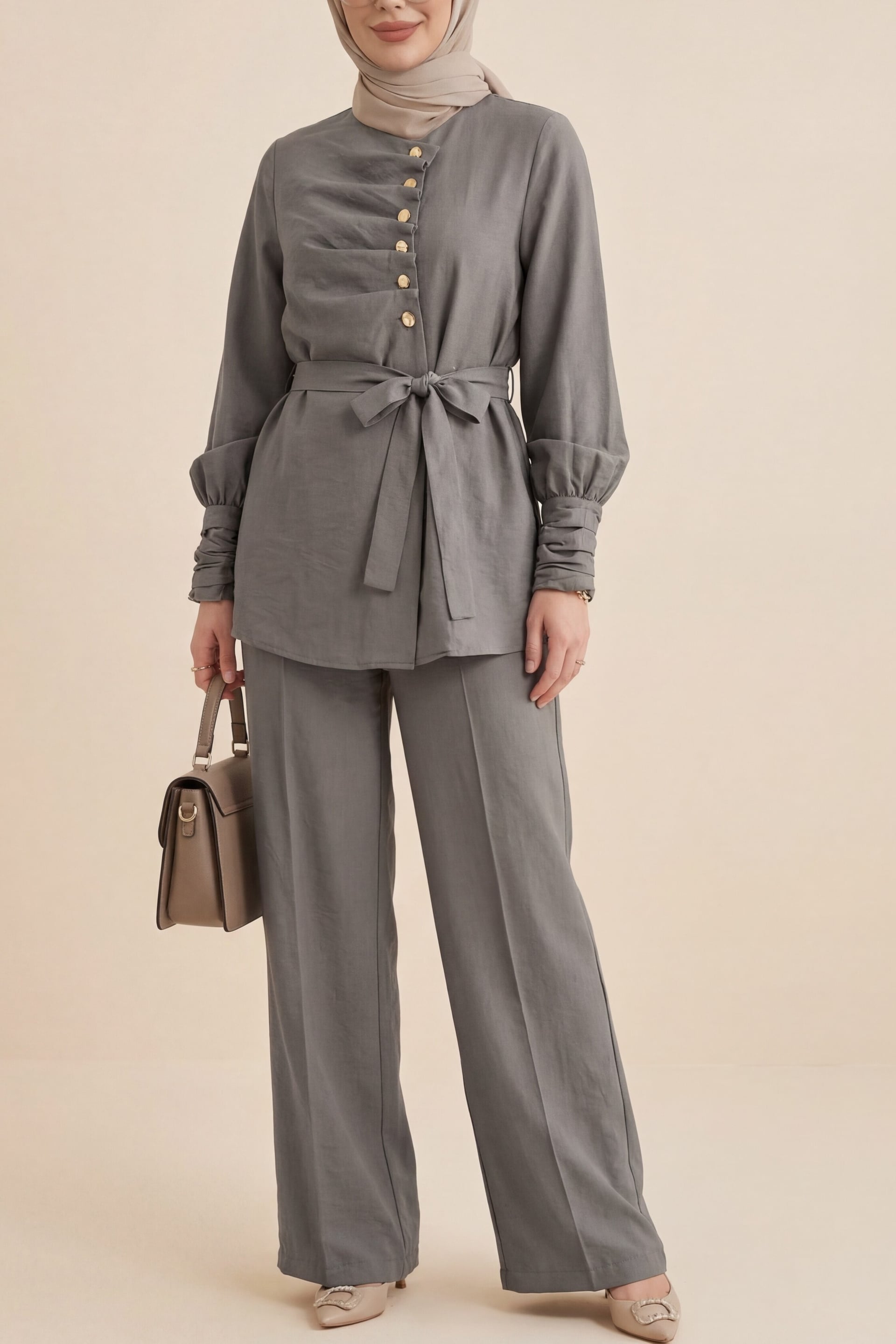Cupra Two-Piece Set with Tunic Top and Wide-Leg Trousers - Taupe - Podyumplus - by Peralane - photo 3