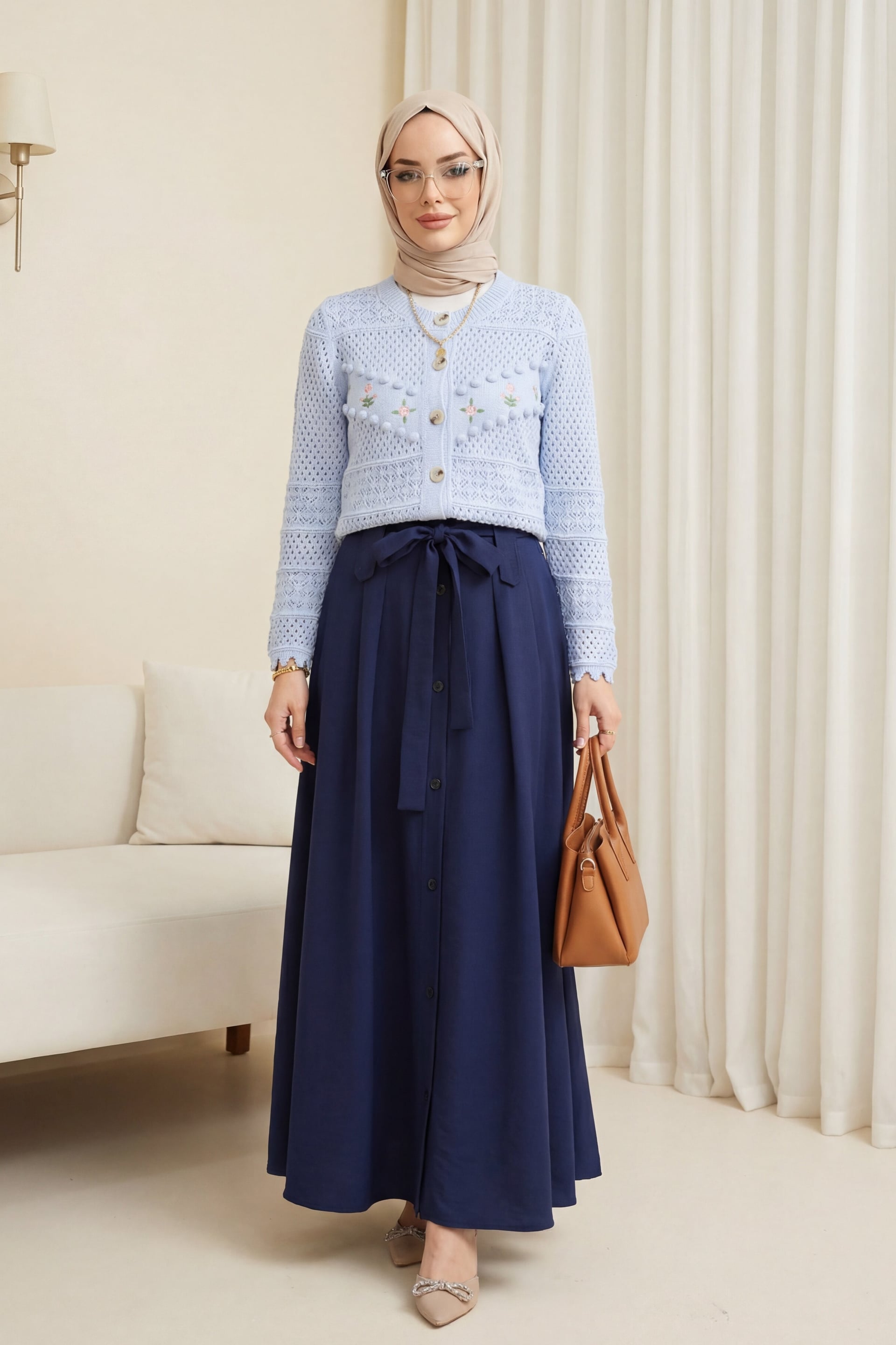 Flower Embroidered Pom-Pom Button Knit Cardigan - Baby Blue - Podyumplus - by Peralane - photo 2