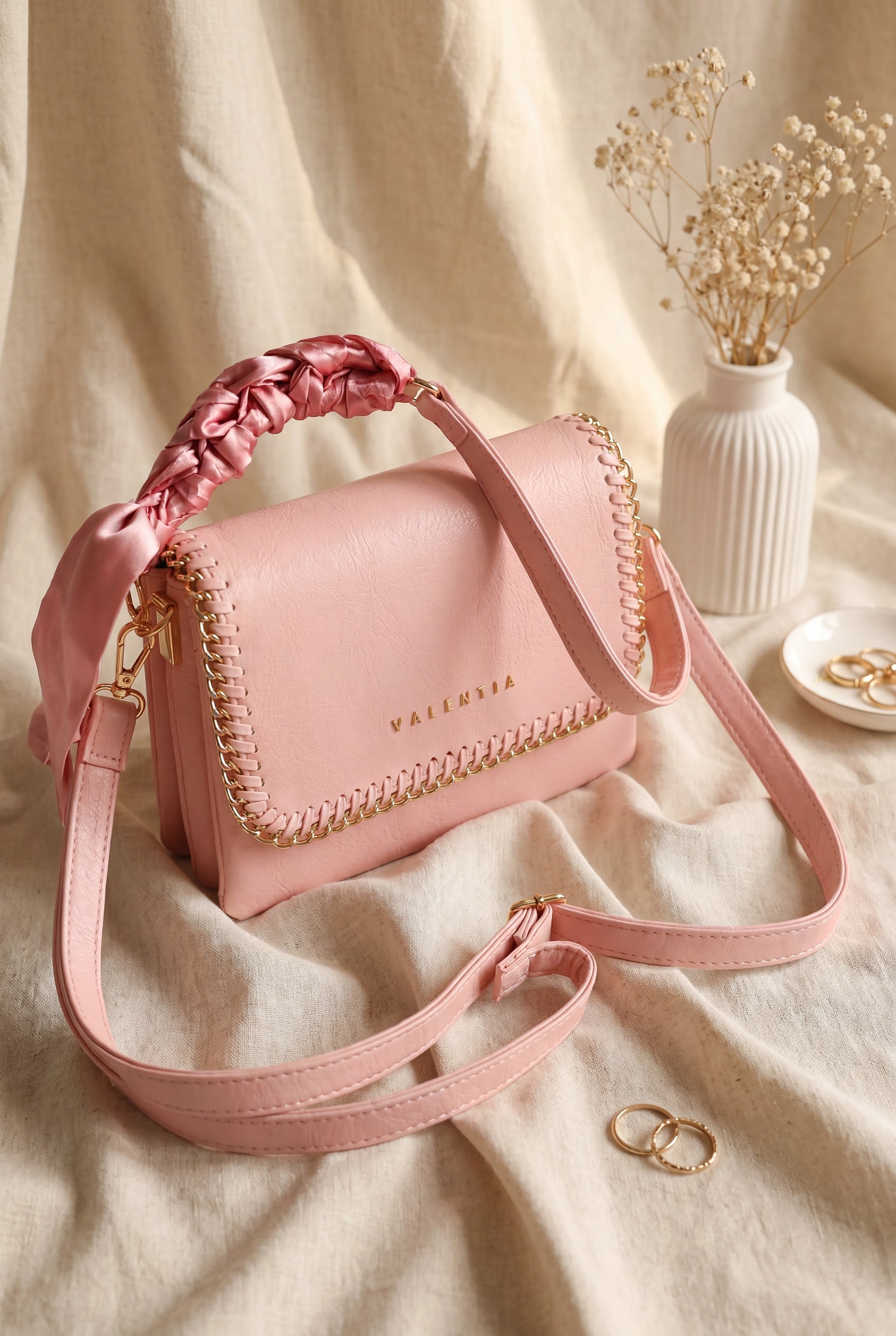 Pink Chain-Trimmed Flap Shoulder Bag with Adjustable Strap - Podyumplus - by Peralane