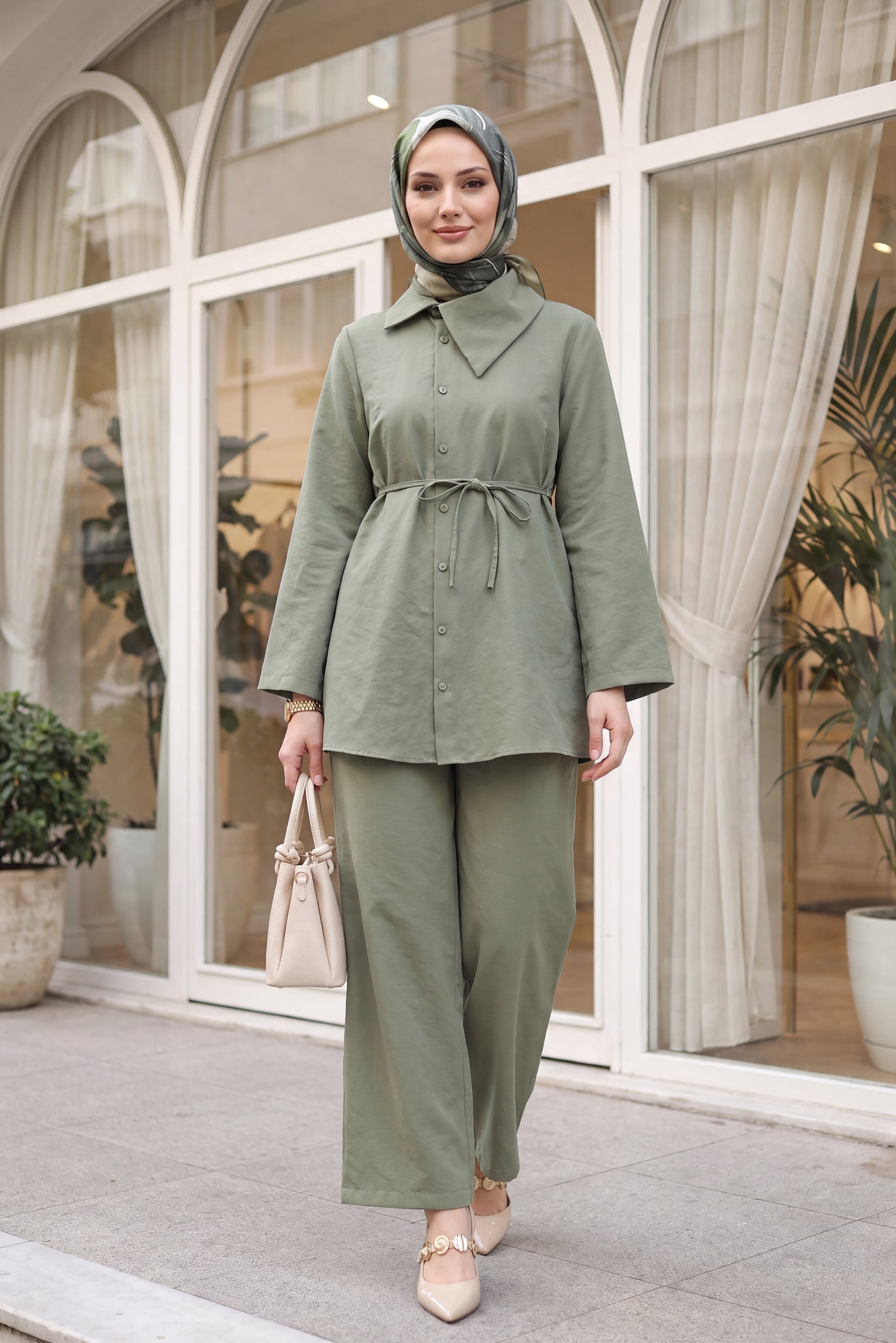 Side Collar Buttoned Belted Modal Co-ord Set - Olive Green - Podyumplus - by Peralane - photo 3