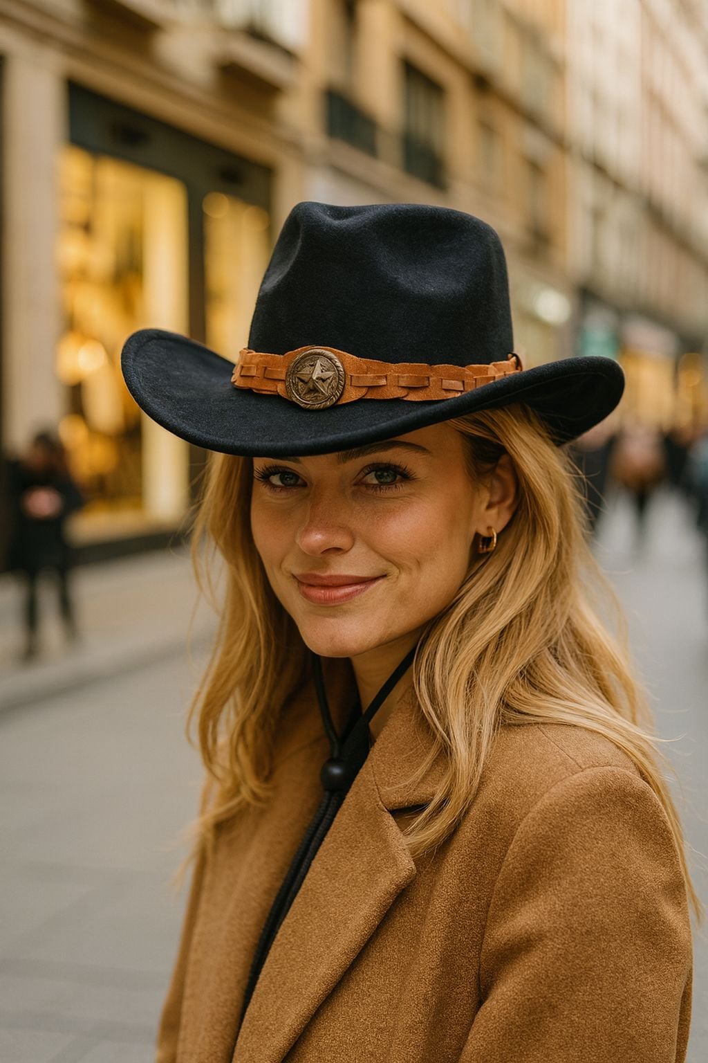 Black Felt Cowboy Hat with Star Concho and Braided Band for Women - Nesvay - by Peralane