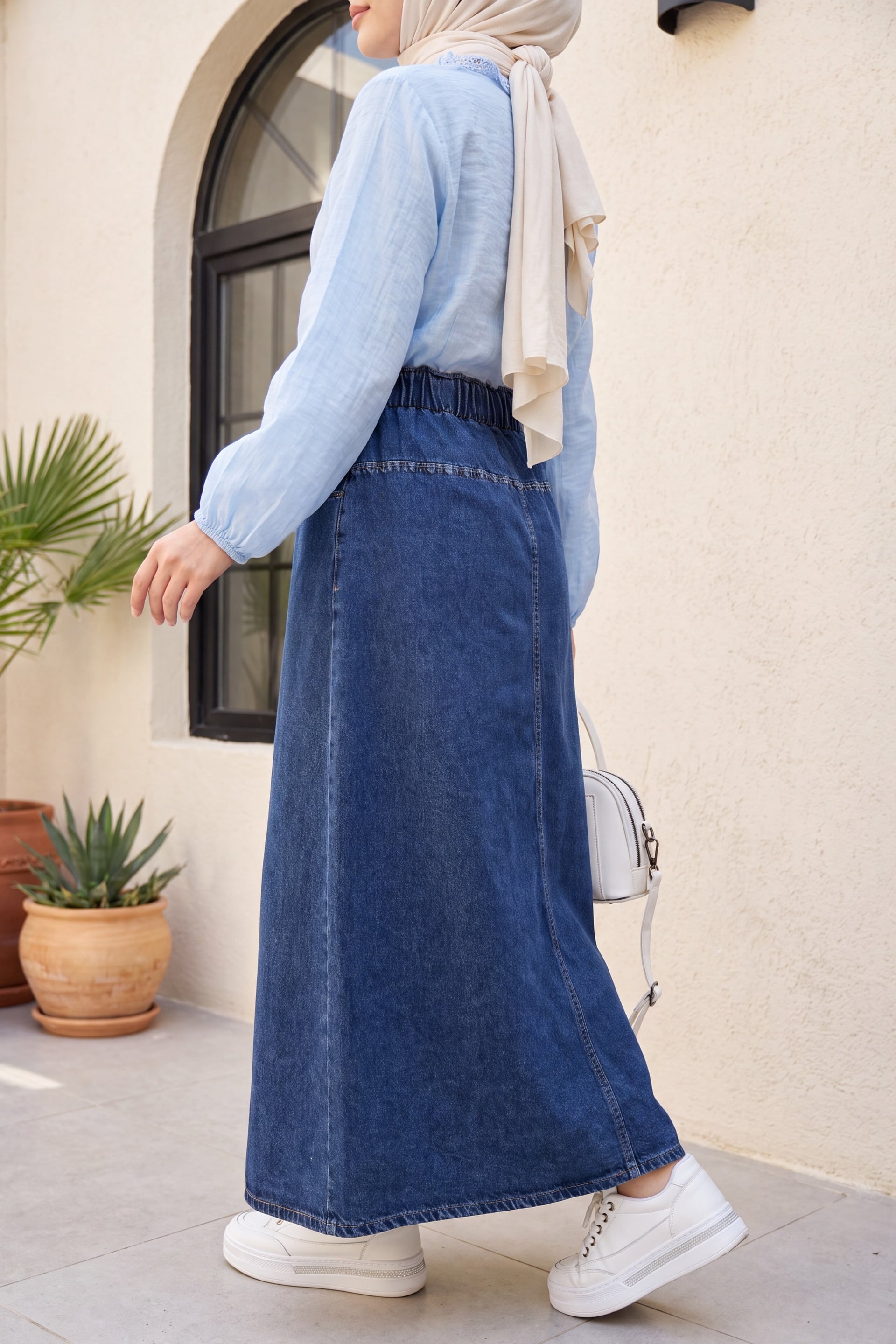 Half Elastic Waist Pockets Embroidered Denim Skirt - Dark Blue - Podyumplus - by Peralane - photo 7