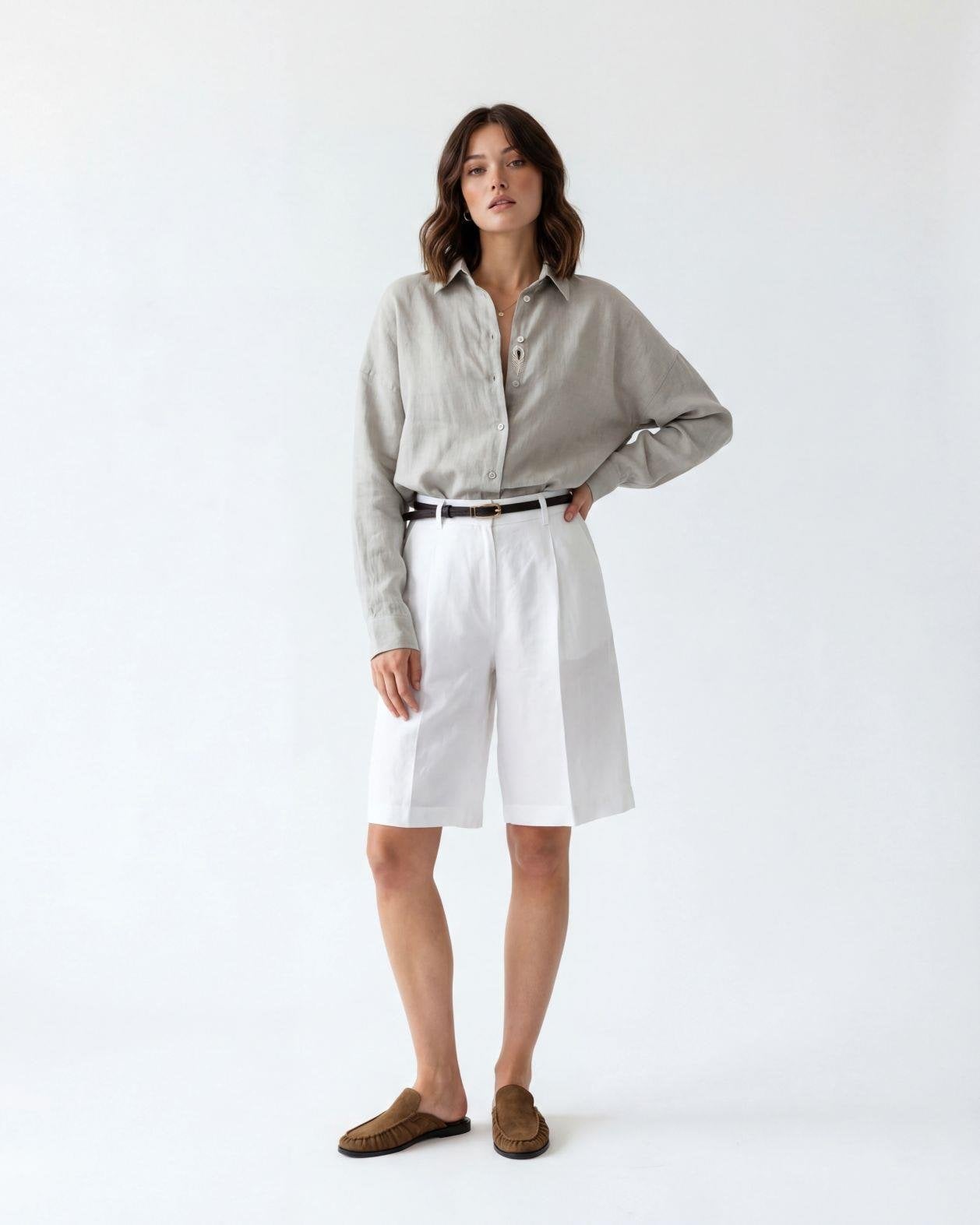 Grey Linen High-Waist Pleated Shorts for Women - Fame - by Peralane