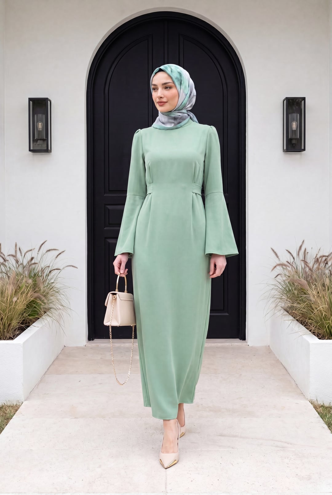 Mandarin Collar Belted Dress - Mint Green - Podyumplus - by Peralane - photo 2