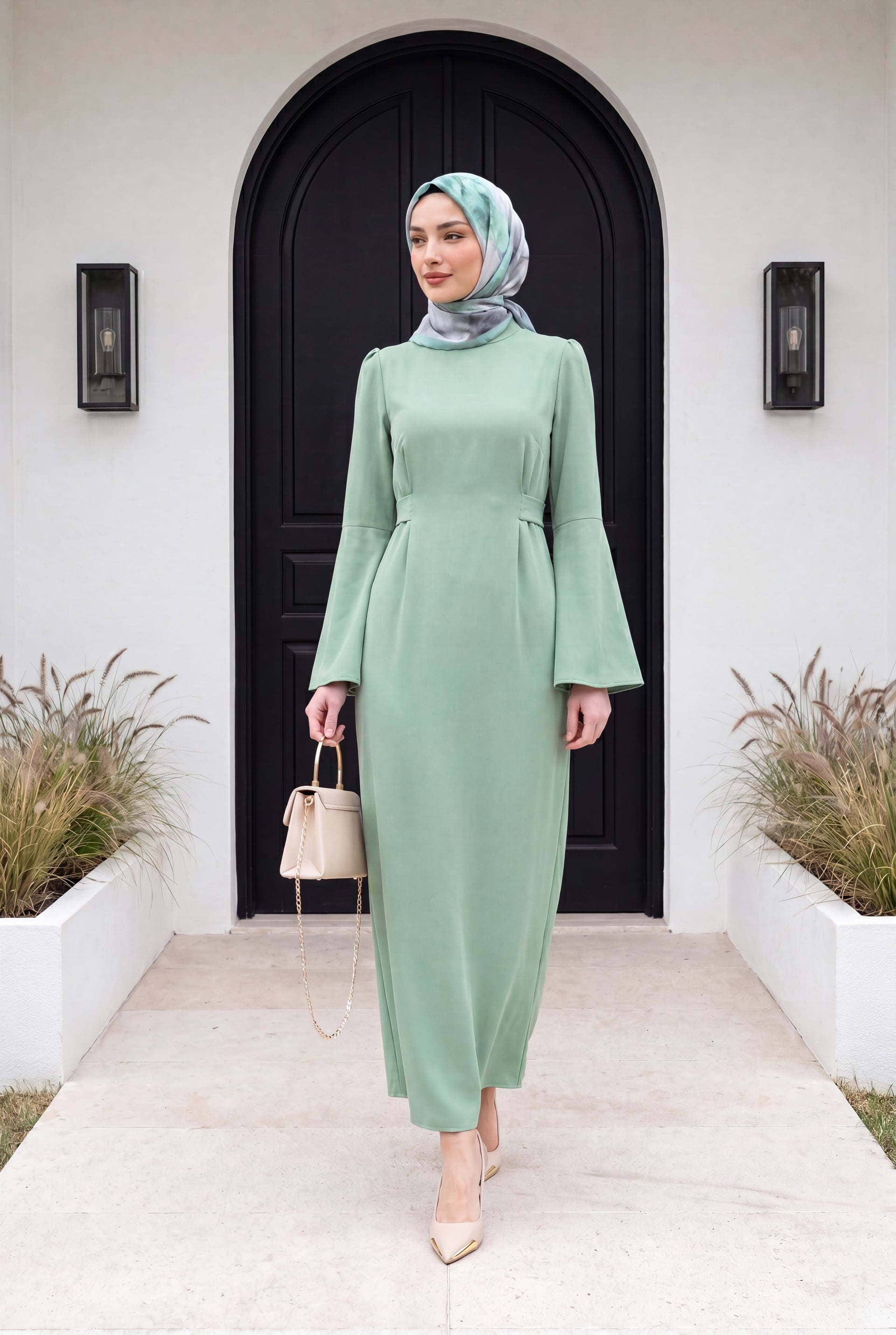 Mandarin Collar Belted Dress - Mint Green - Podyumplus - by Peralane - photo 2