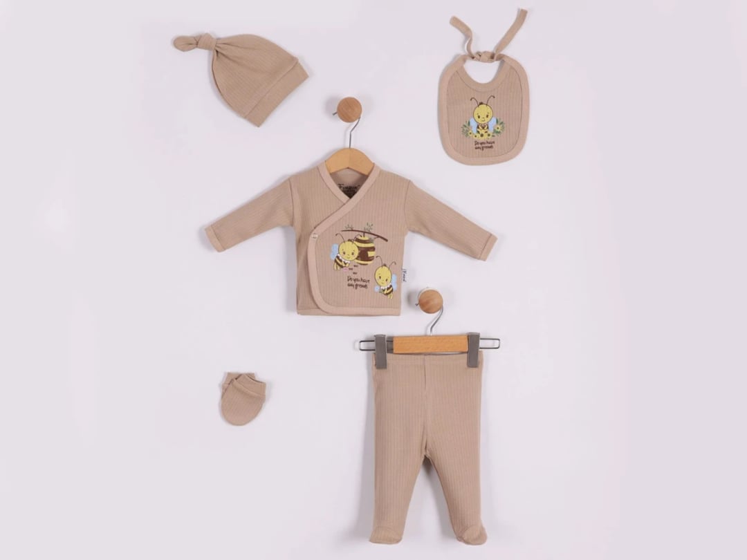 Bee Print 5-Piece Unisex Hospital Exit Bodysuit Set in Beige - Findik Bebe - by Peralane