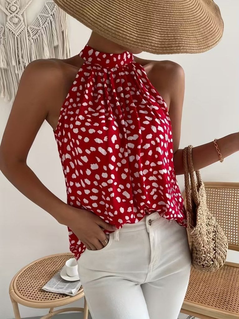 Women's Red Abstract Spot Print Halter Top with High Neck and Back Tie - Janes - by Peralane - photo 3