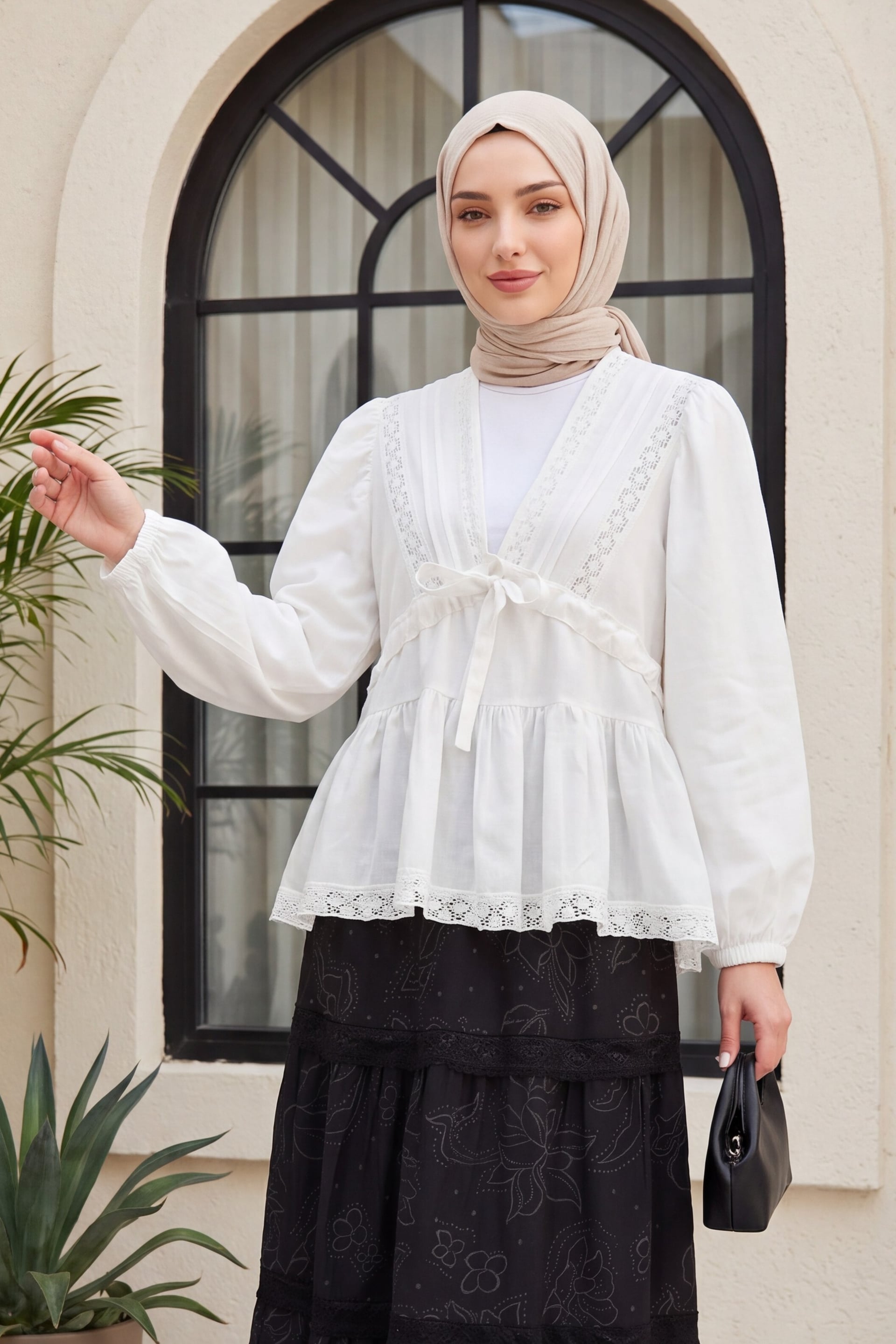 V-Neck Lace Trim Balloon Sleeve Viscose Blouse - White - Podyumplus - by Peralane