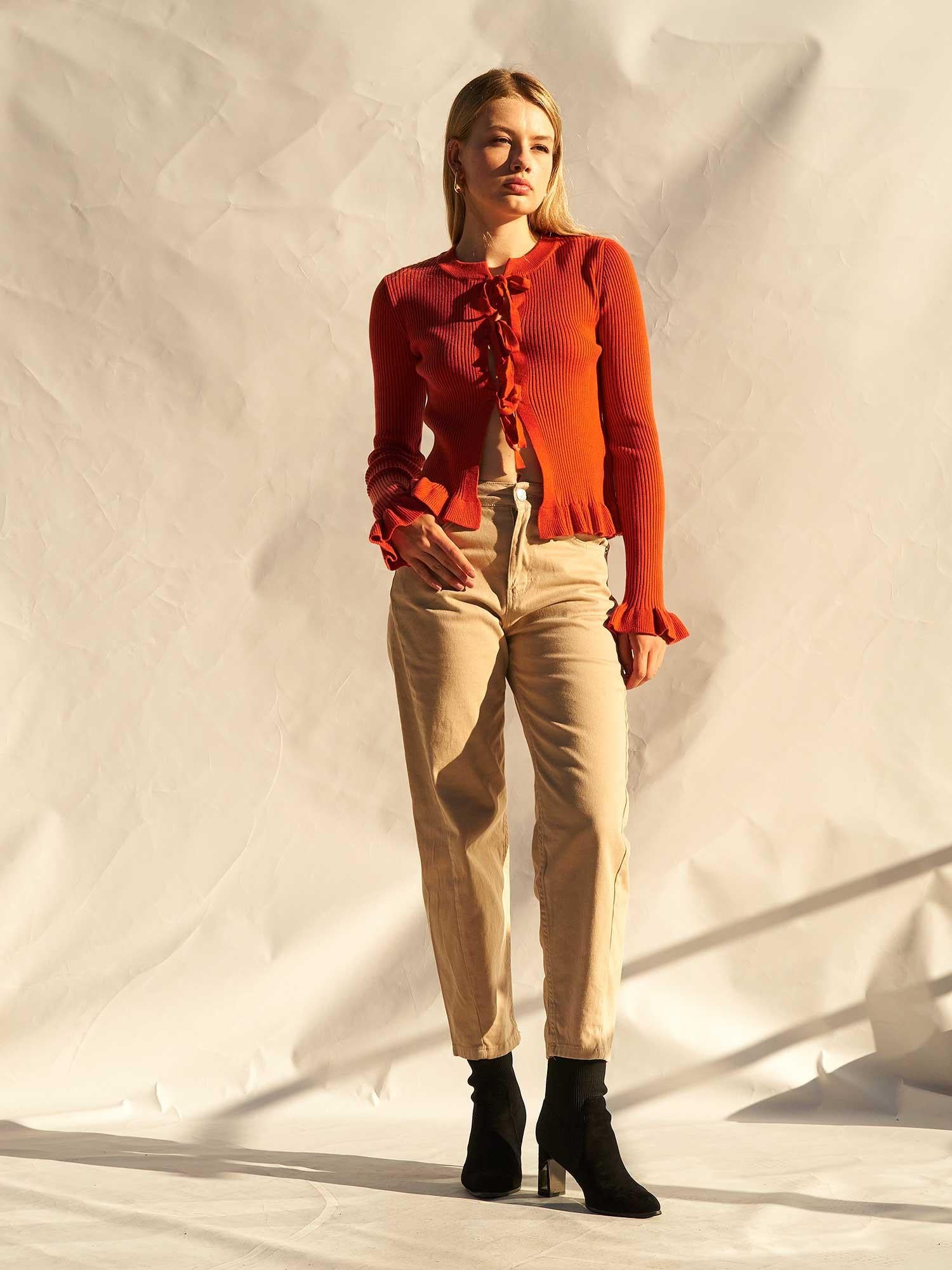 Women's Beige Ribbed Knit Cardigan with Ruffled Details - Lefon - by Peralane - photo 2