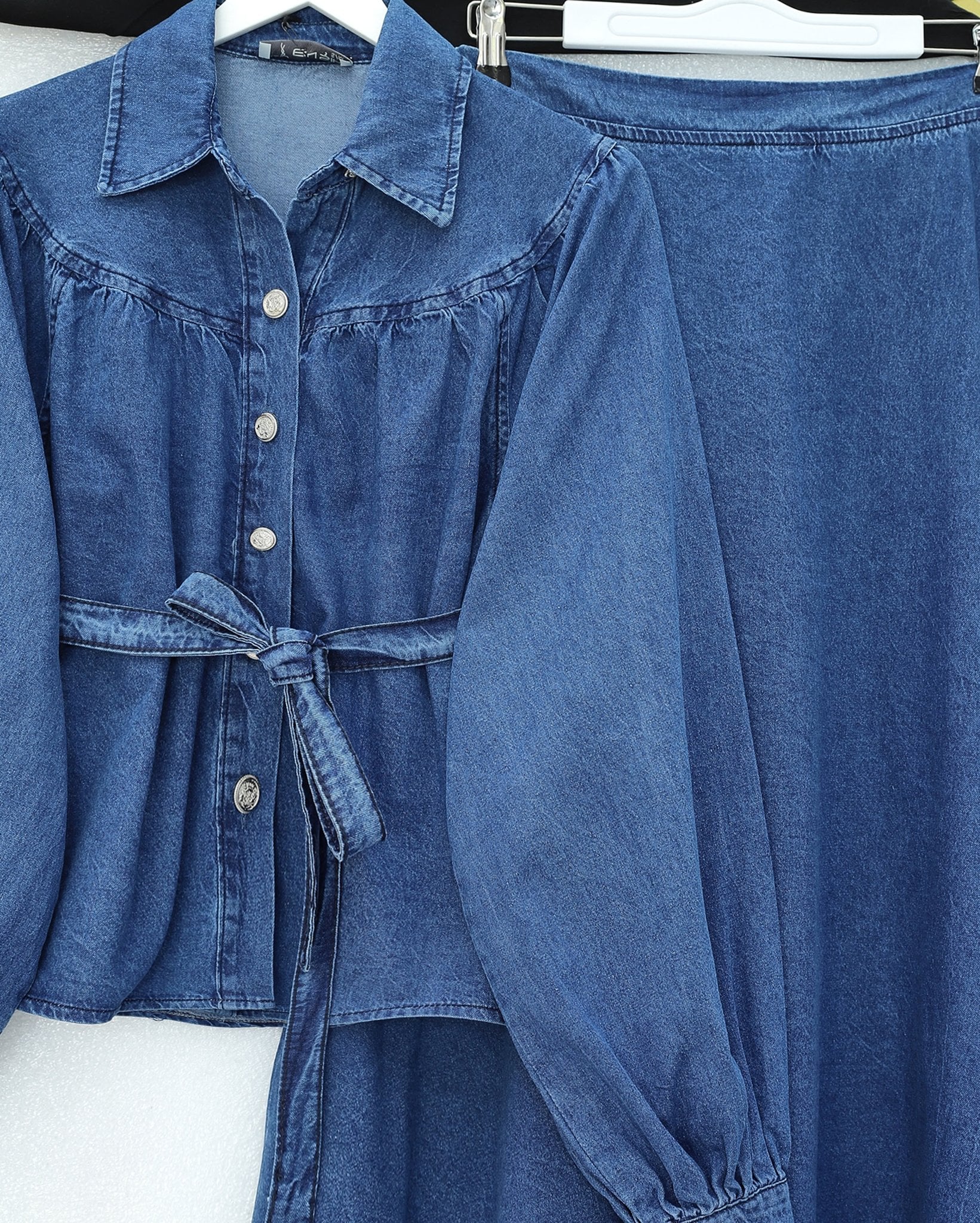 Women's Belted Button-Front Denim Skirt Suit - Indigo - Podyumplus - by Peralane - photo 6