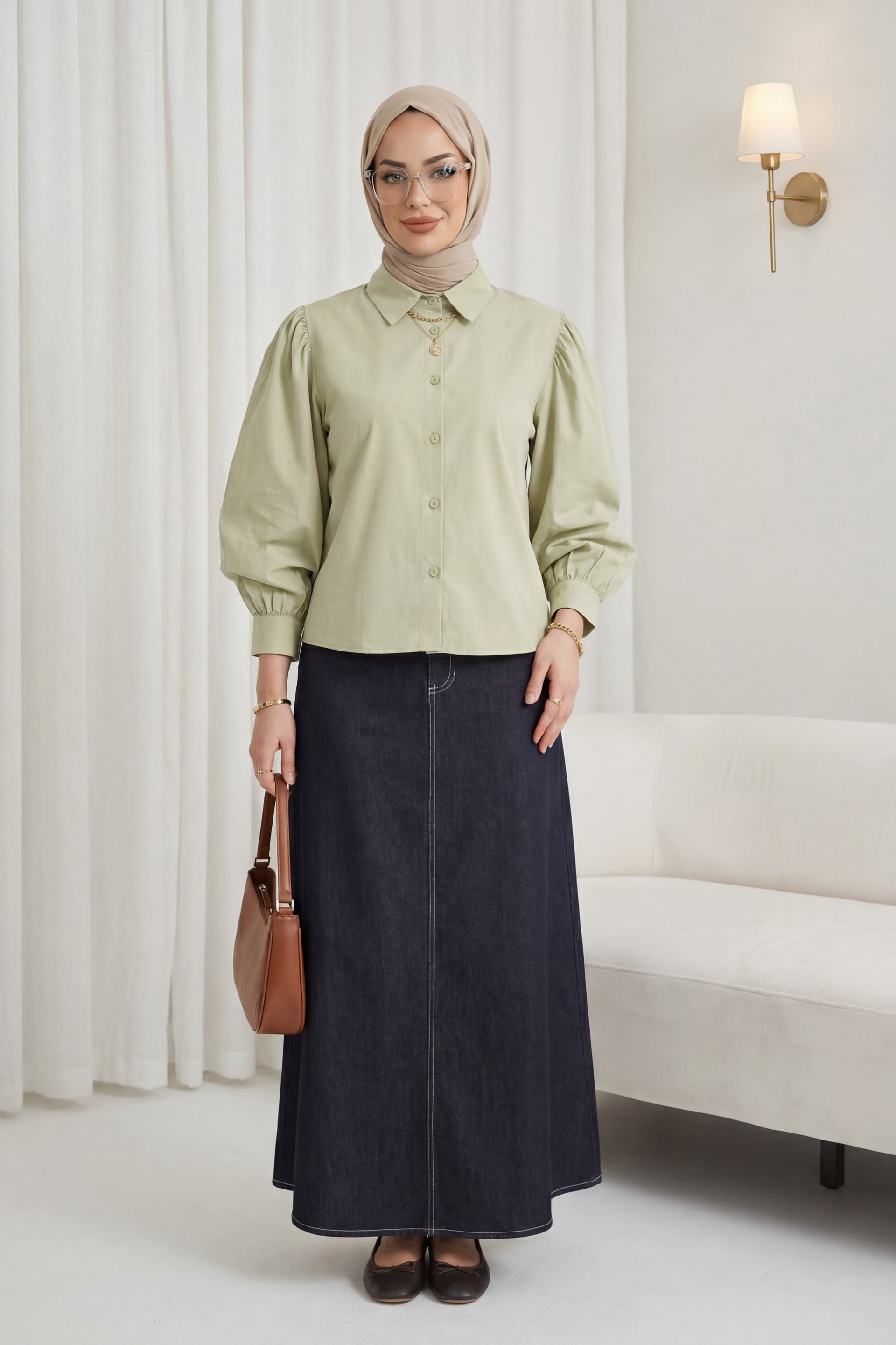 Balloon Sleeve Buttoned Short Poplin Shirt - Olive - Podyumplus - by Peralane - photo 3
