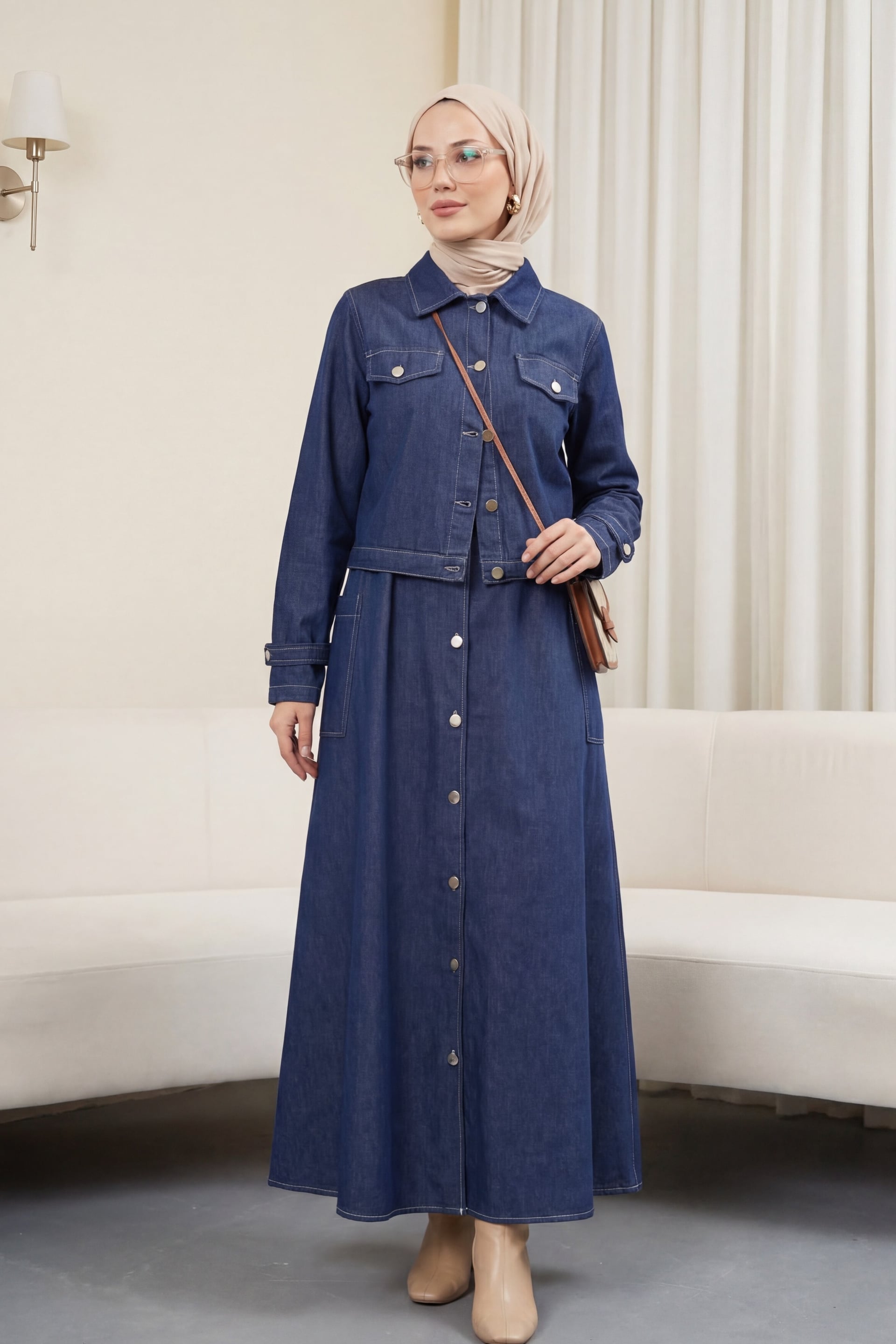 Side Pocket Half-Button Denim Jile Set - Navy - Podyumplus - by Peralane - photo 4