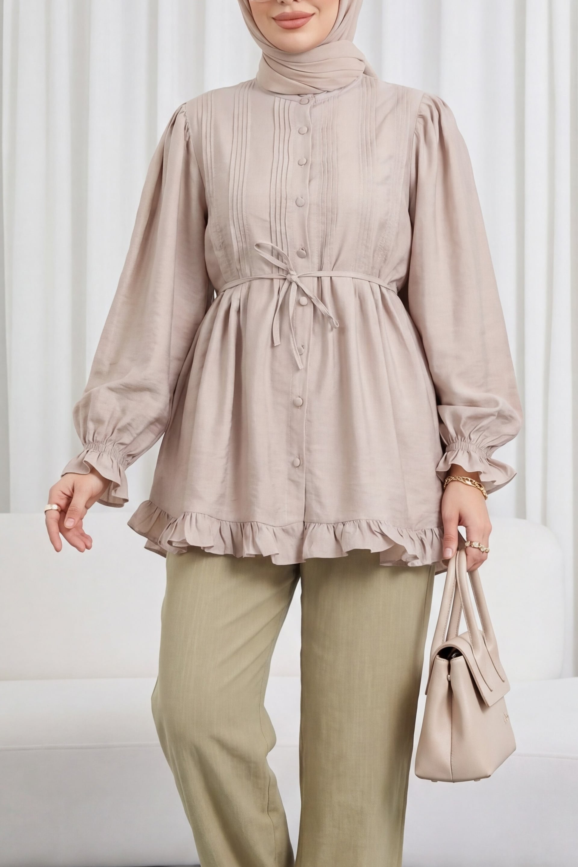 Beige Ribbed Cupro Tunic with Puff Sleeves and Drawstring Waist - Podyumplus - by Peralane
