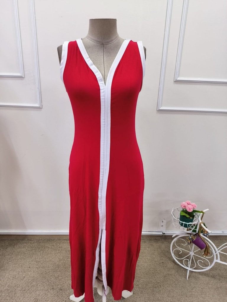 Women's Sleeveless Deep V-Neck Slit Maxi Viscose Dress in Red with White Trim - Janes - by Peralane - photo 4