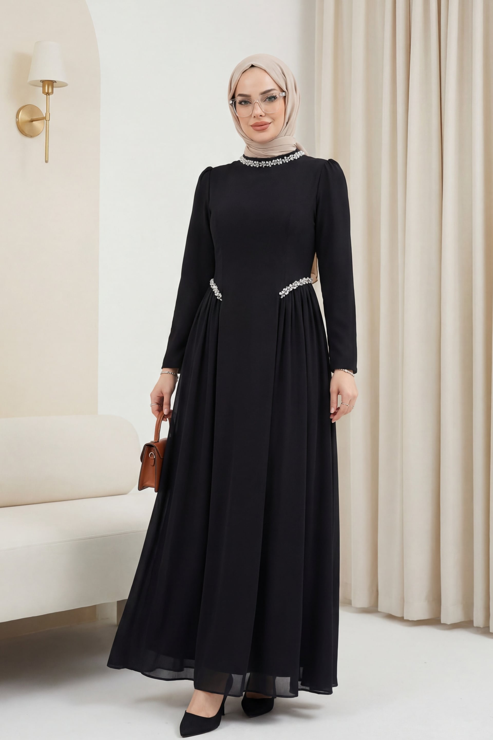 Black Long-Sleeve Stone-Embellished Crepe Dress with Tulle Side Details - Podyumplus - by Peralane