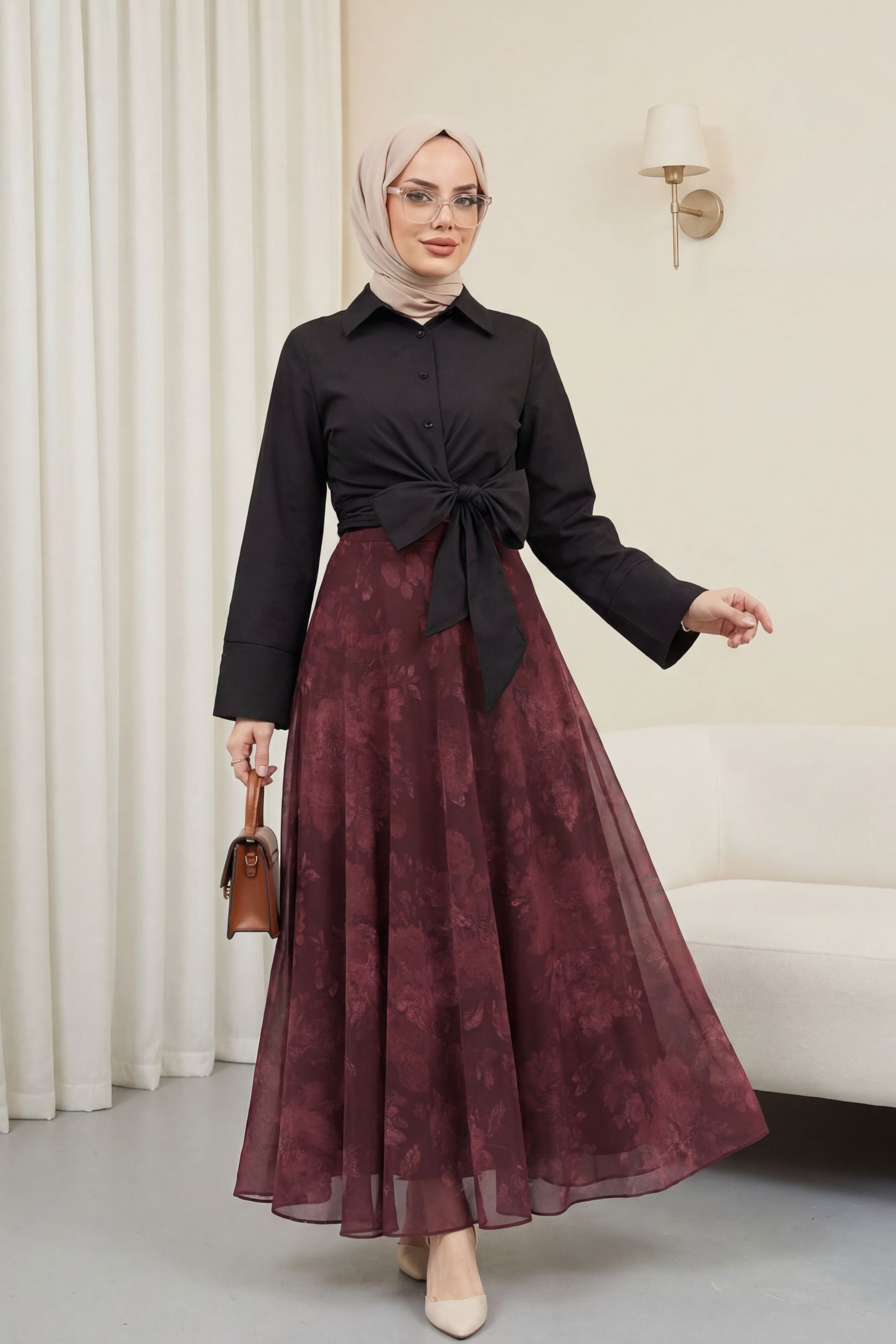 Side-Zip Patterned Lined Chiffon Skirt - Burgundy - Podyumplus - by Peralane - photo 7