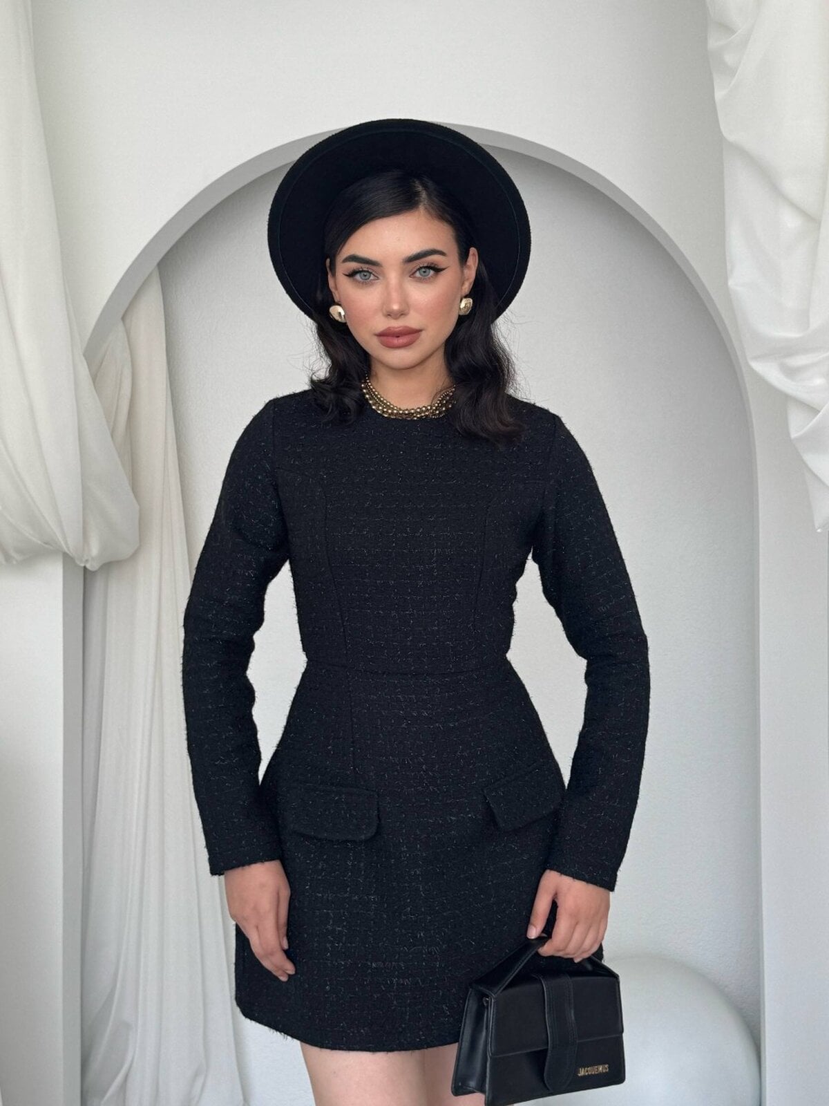 Black Long-Sleeved Tweed Mini Dress with Flap Pockets - Etika - by Peralane - photo 7