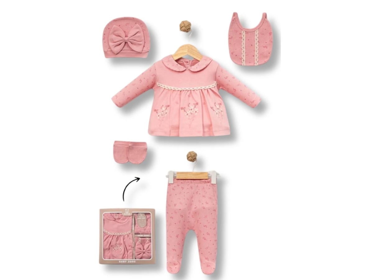 Floral Embroidered Baby Girl Newborn Hospital Exit Set of 5 - Baby Zuhu - by Peralane