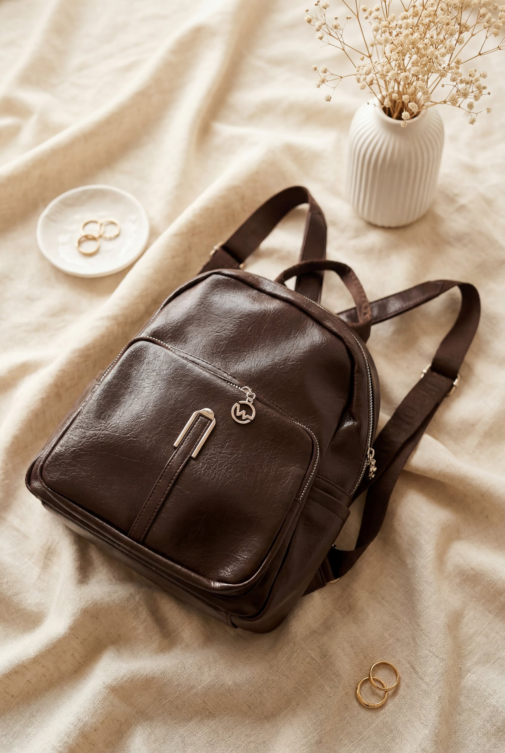 Woven Strap Double Zipper Women's Backpack - Dark Brown - Podyumplus - by Peralane