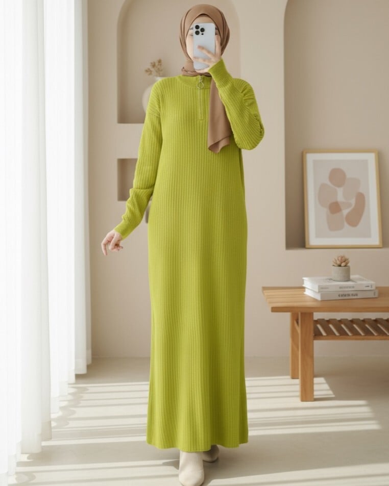 Long Ribbed Knit Dress with Half-Zip High Collar - Bright Green - Podyumplus - by Peralane - photo 3