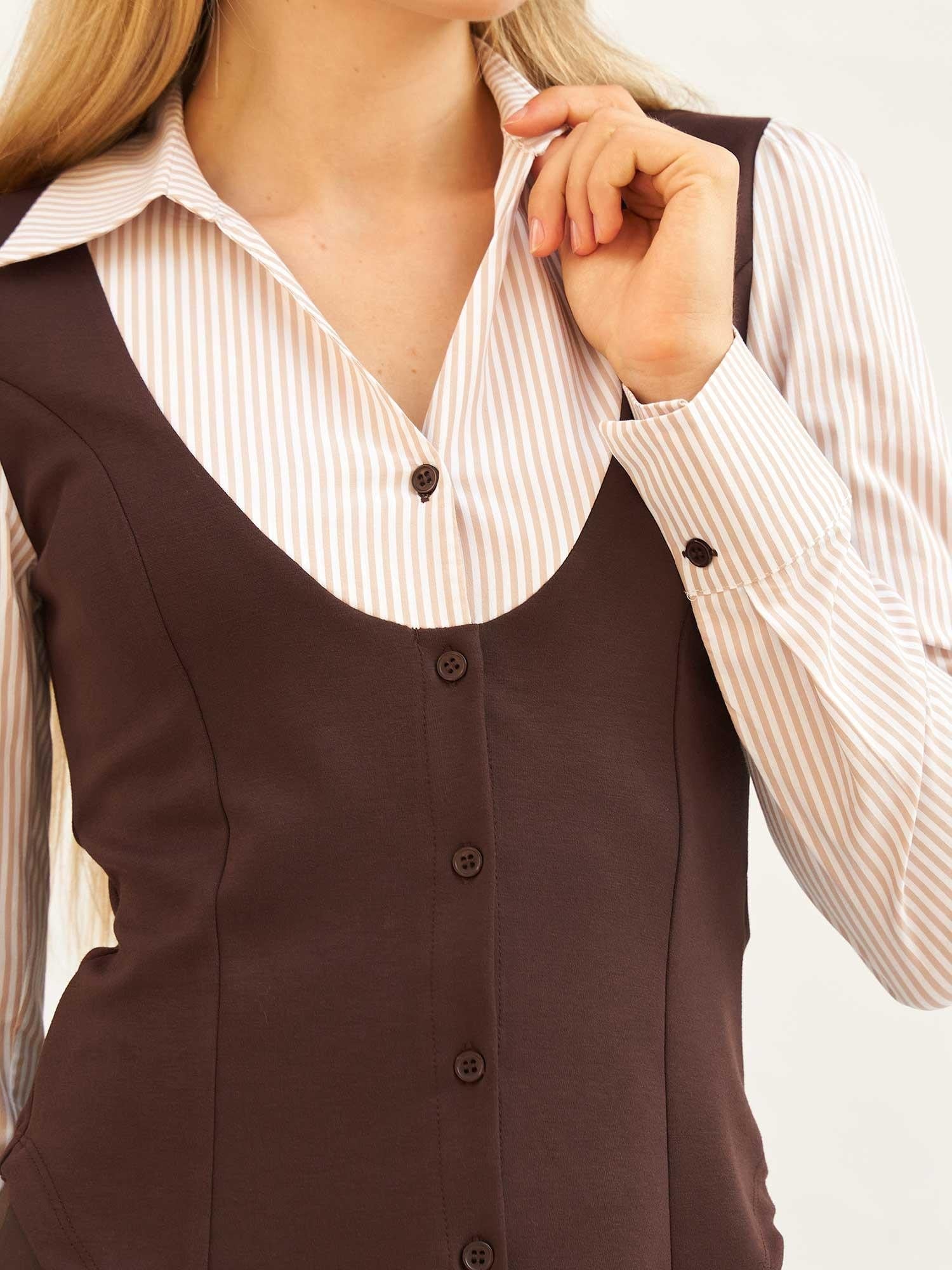 Beige and Brown Striped Vest-Look Shirt Blouse - Lefon - by Peralane - photo 6