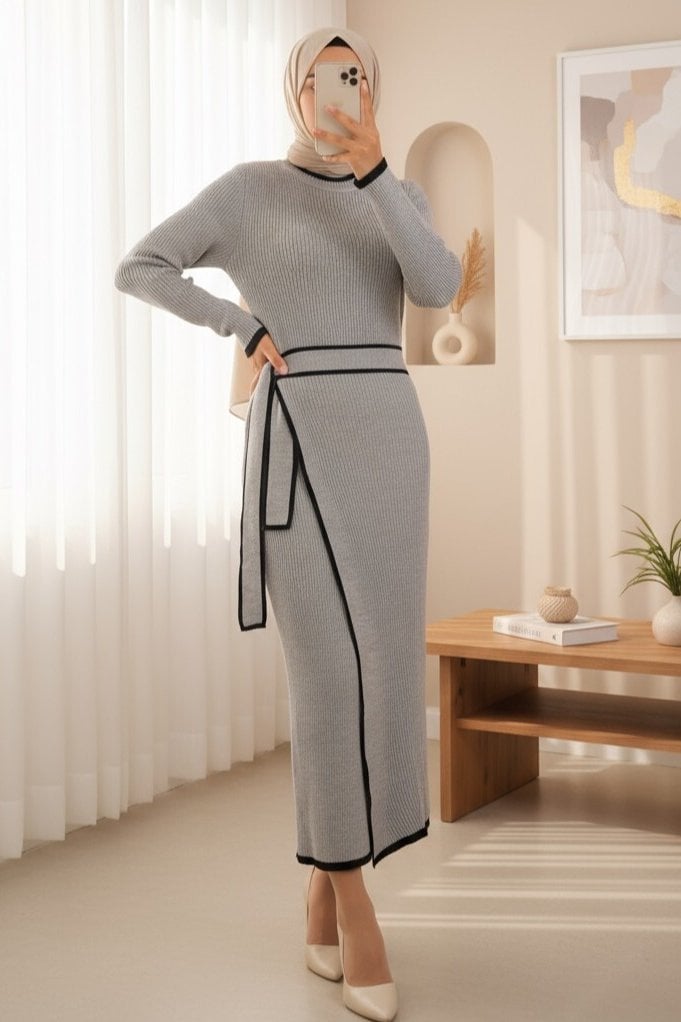 Grey Ribbed Knit Midi Dress with Wrap Skirt and Self-Tie Belt - Podyumplus - by Peralane