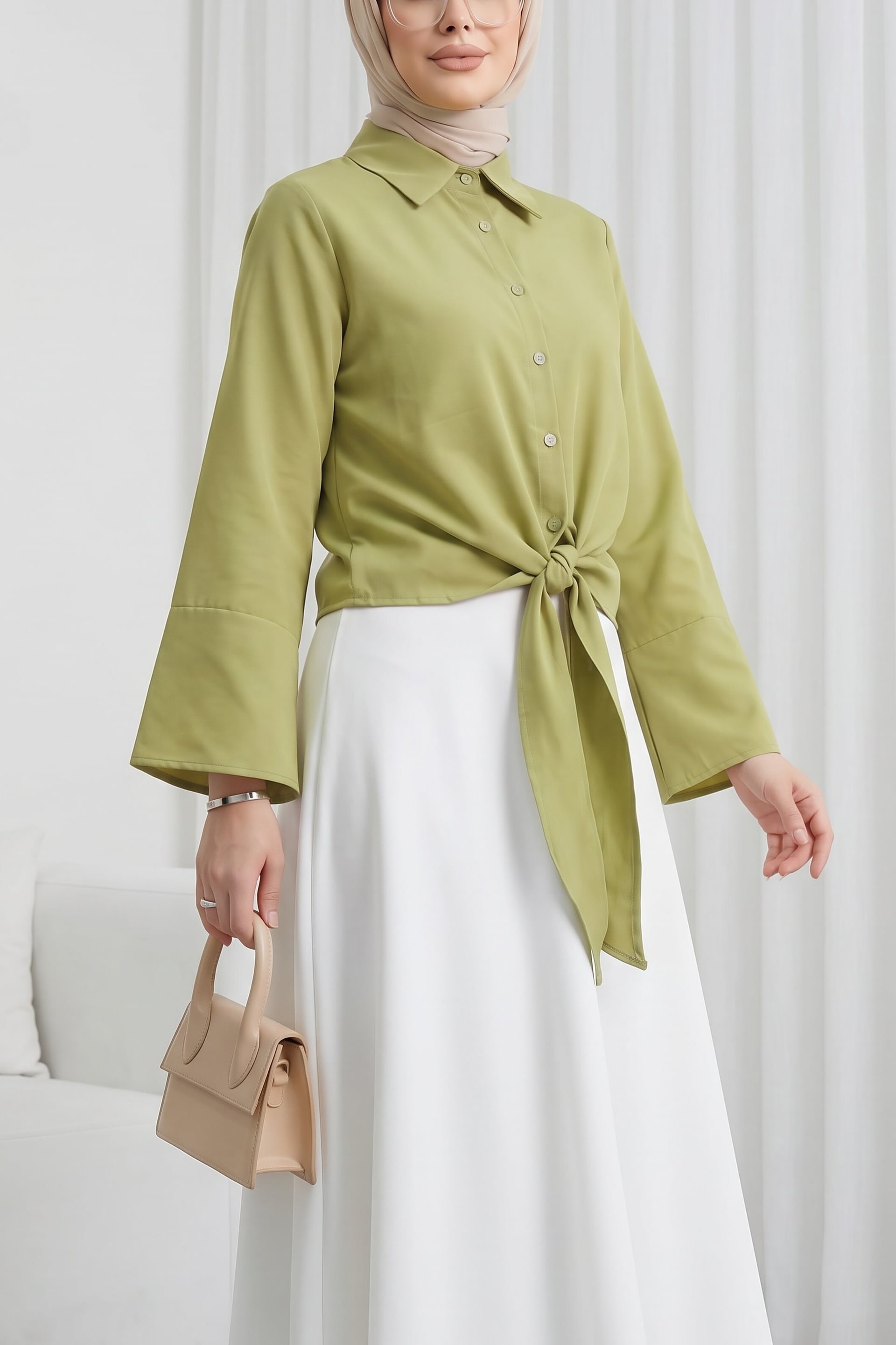 Tie-Waist Spanish Sleeve Poplin Blouse - Oil Green - Podyumplus - by Peralane
