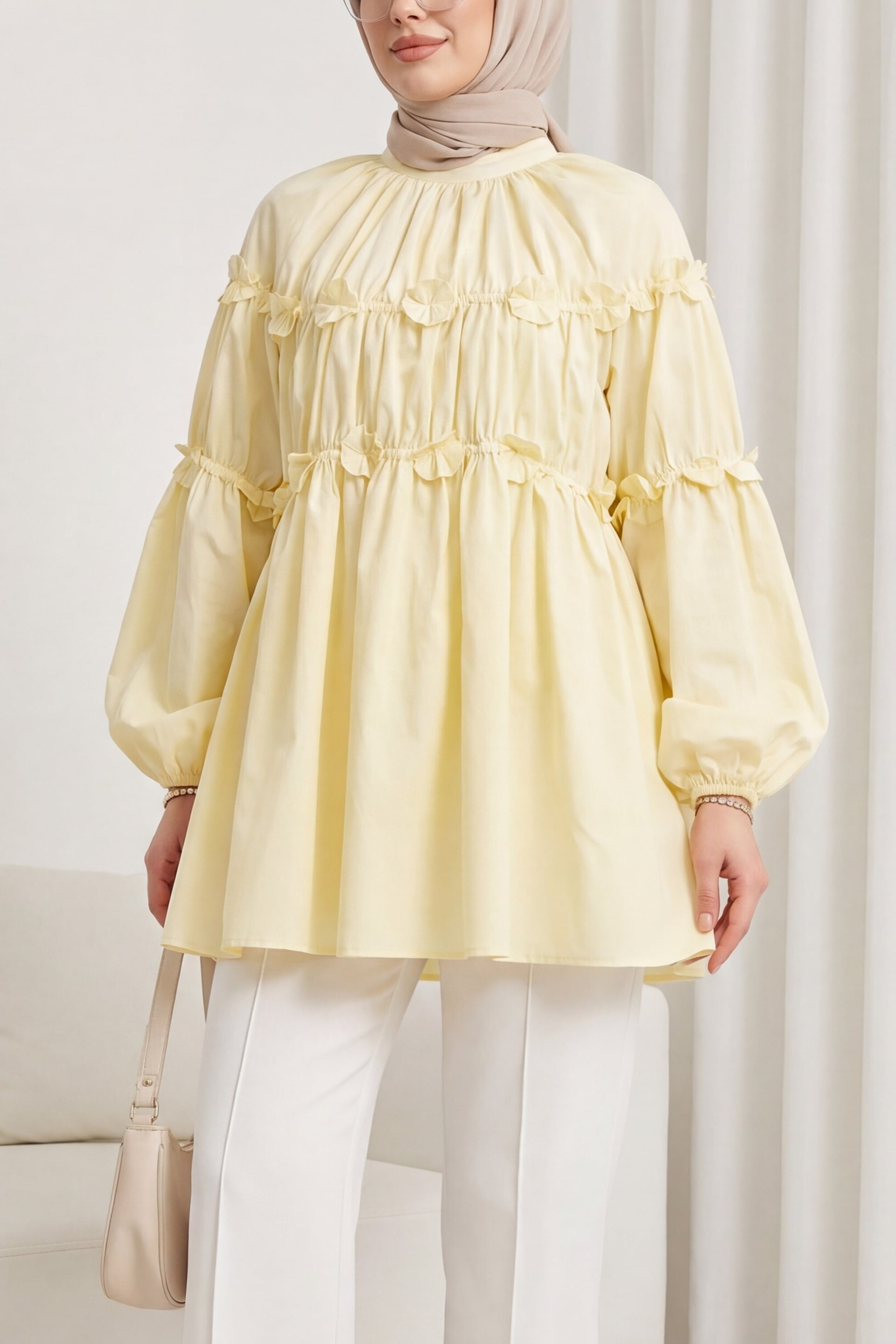 Yellow Floral Poplin Tunic with Elastic Cuffs - Podyumplus - by Peralane