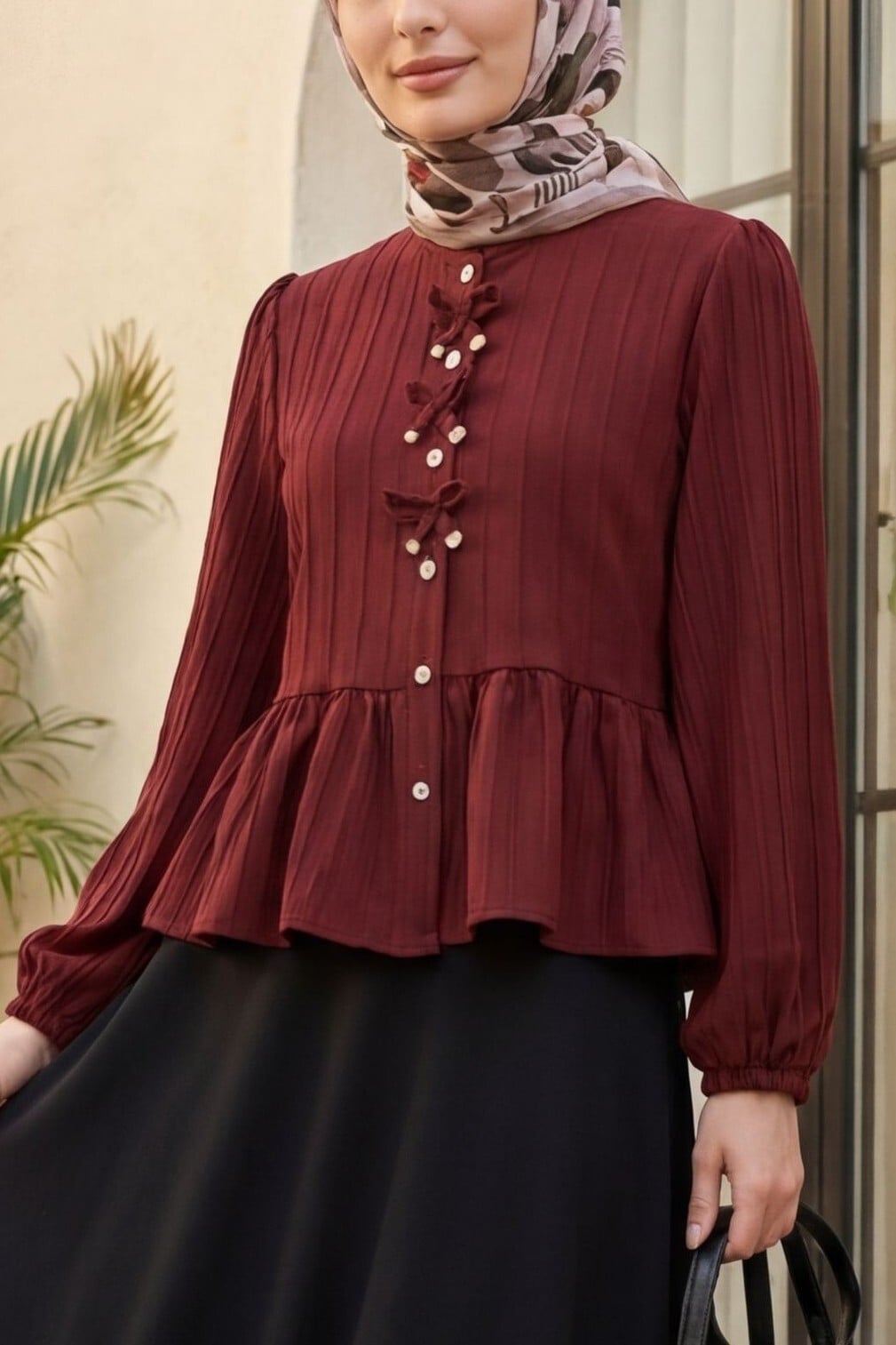 Front Bow Detail Buttoned Blouse with Elastic Cuffs - Burgundy - Podyumplus - by Peralane - photo 2
