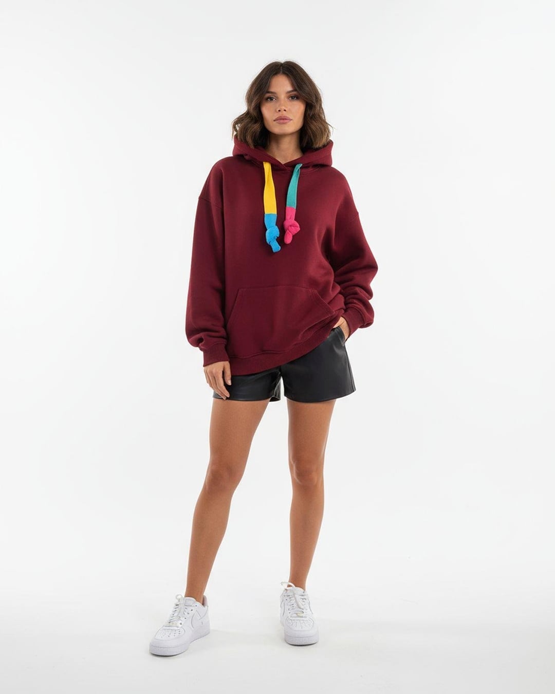 Maroon Fleece Hoodie with Multicolor Drawstrings - Fame - by Peralane
