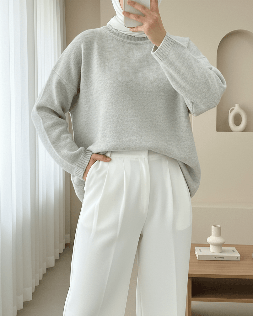 Crew Neck Slouchy Knit Sweater - Stone - Podyumplus - by Peralane - photo 2