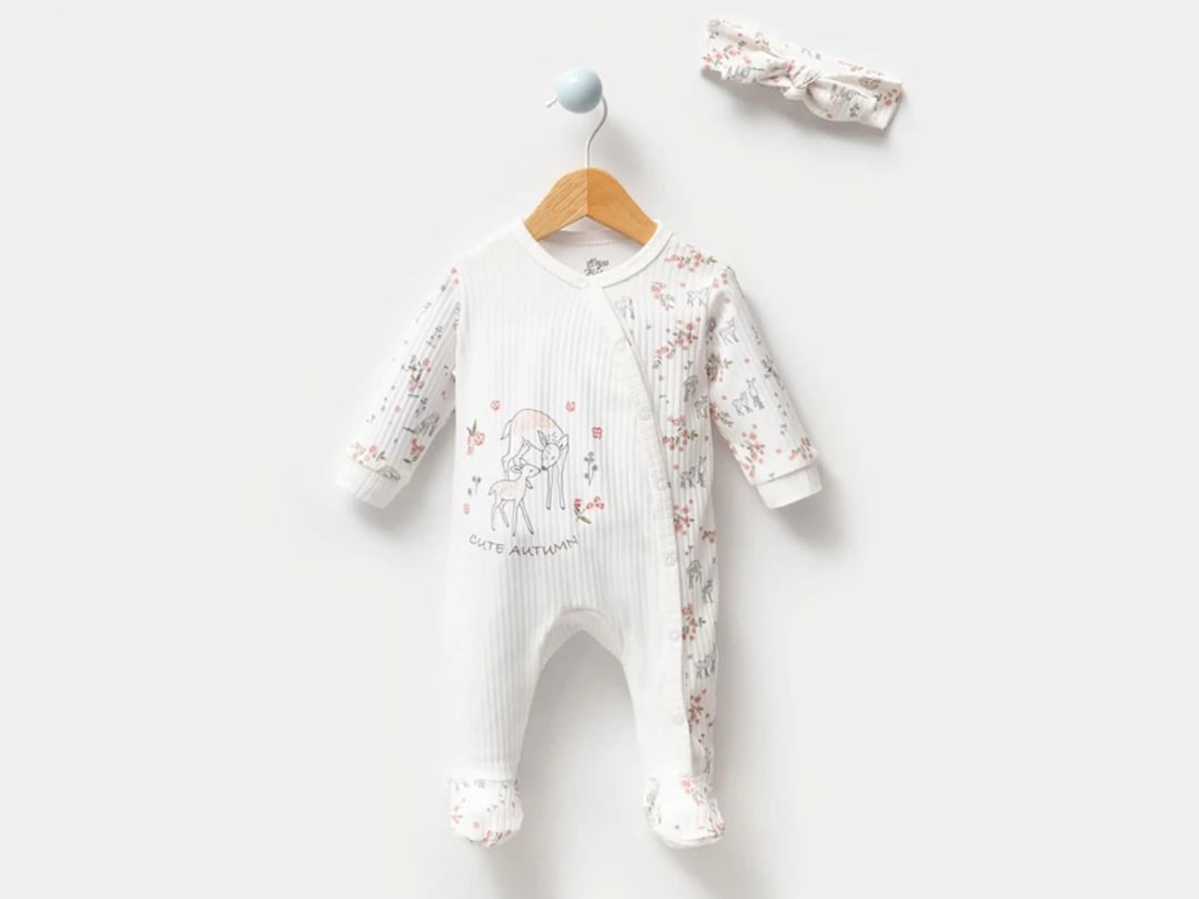 White Fawn Print Footed Romper and Headband Set (3-Pack) for Babies 0-6 Months - Esya - by Peralane