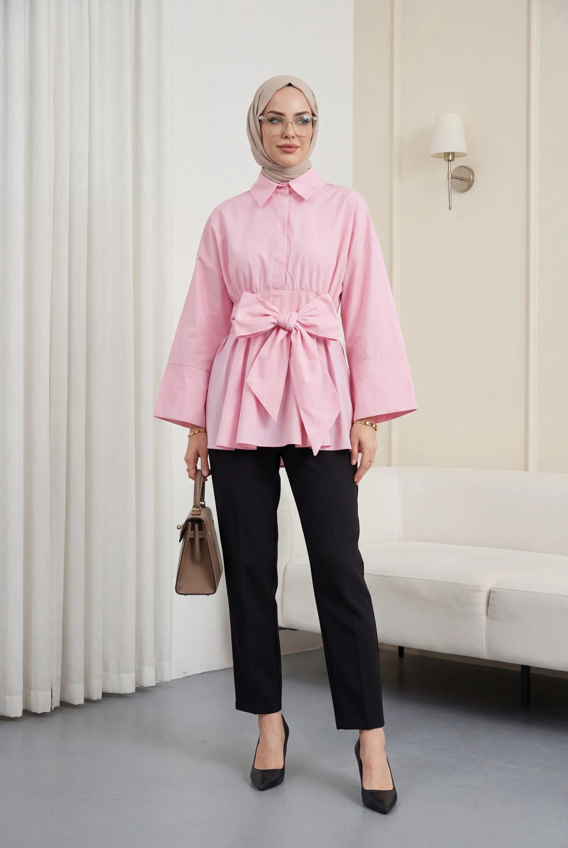Belted Poplin Tunic with Corset Waist and Hidden Placket - Pink - Podyumplus - by Peralane - photo 3