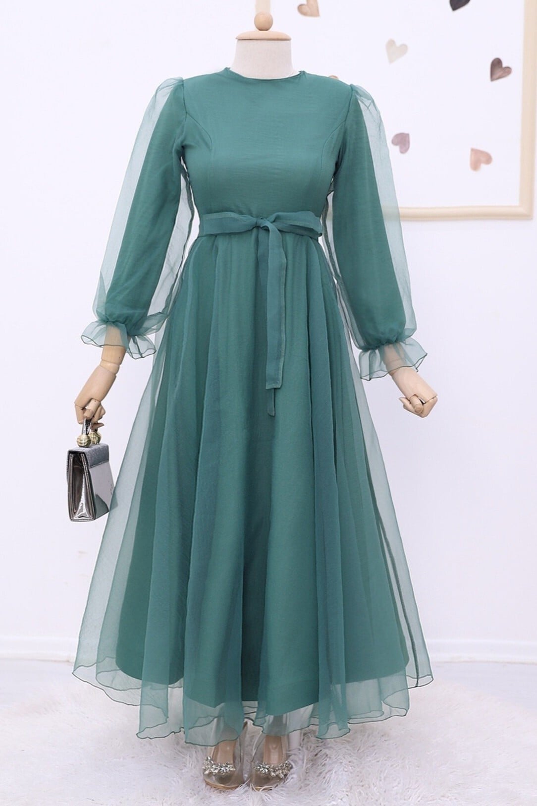 Mint Tulle Evening Dress with Belt and Ruffled Sleeves - Podyumplus - by Peralane - photo 2
